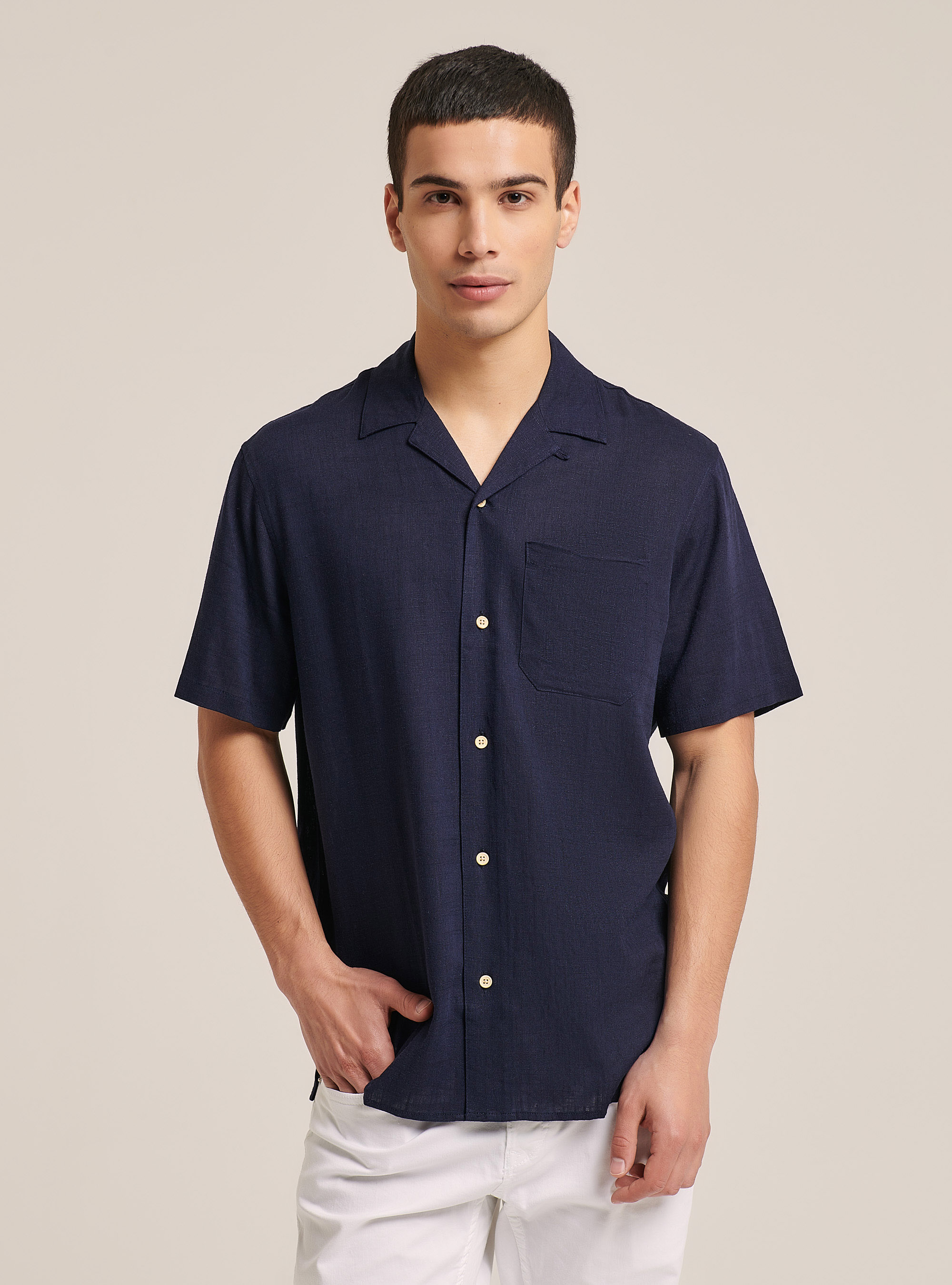 Linen blend shirt with bowling collar, C2456 BLU