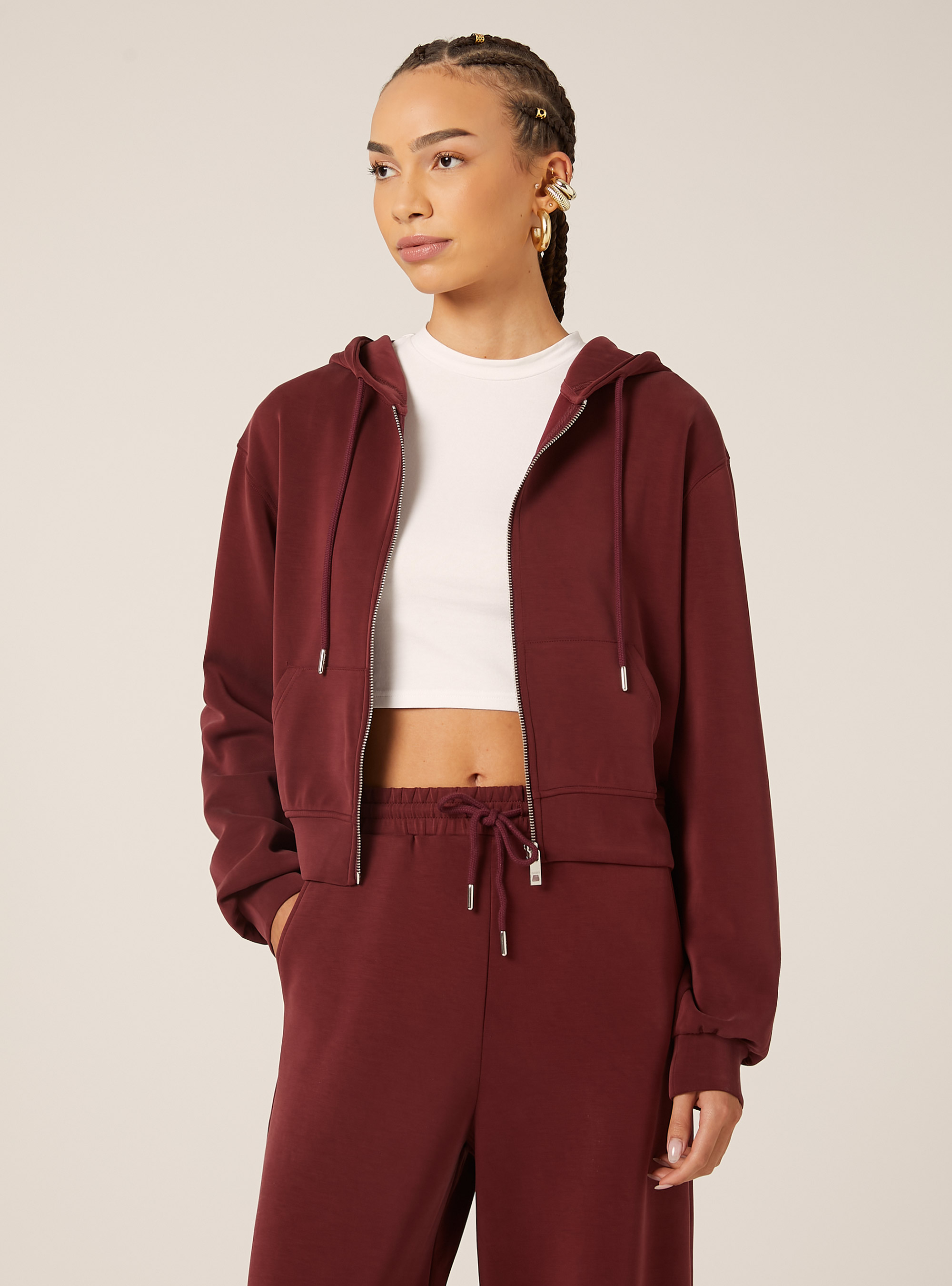 Sweat-shirt zippé court au toucher doux, BO1 BORDEAUX DARK