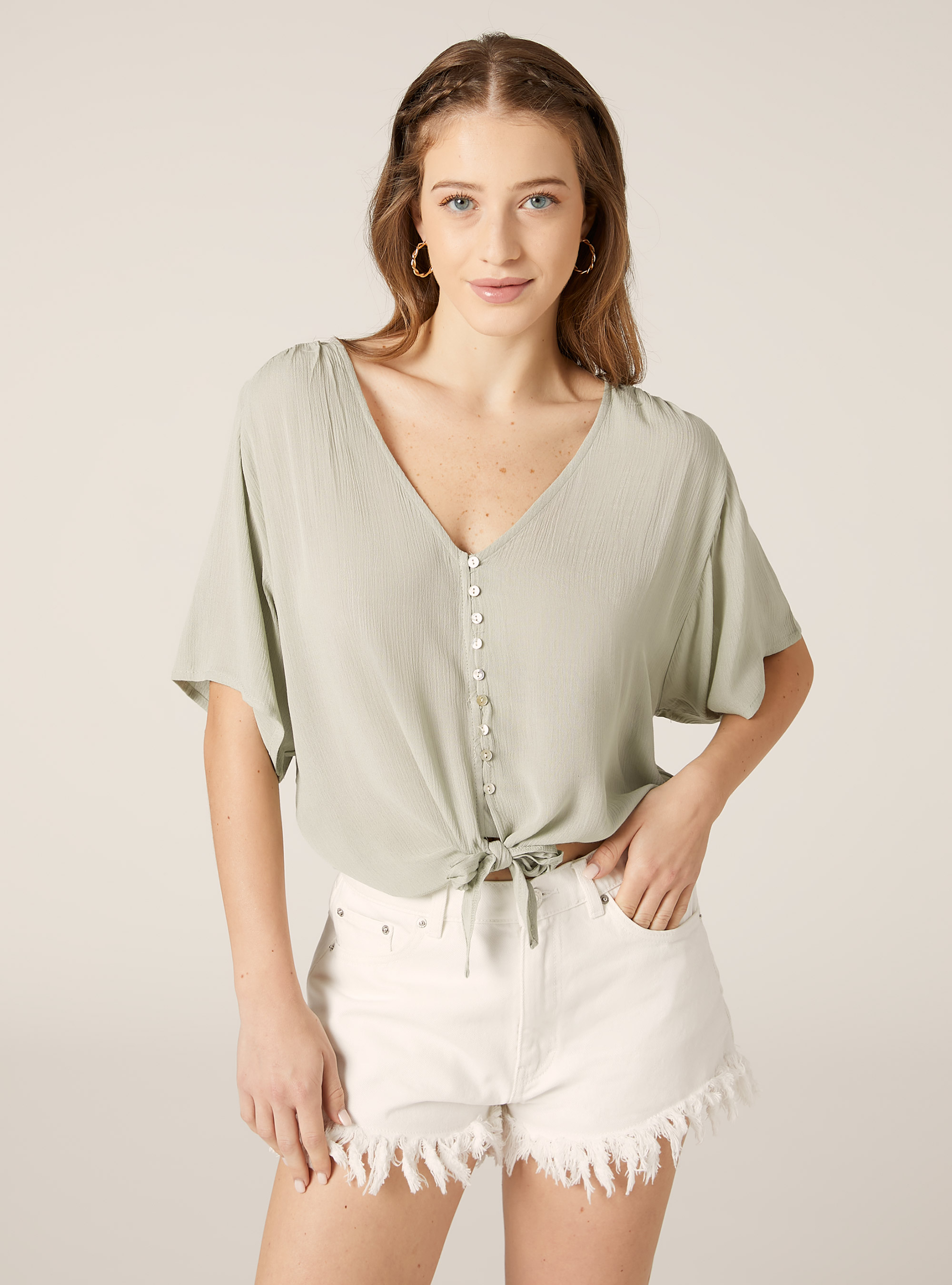 Solid-coloured v-neck shirt with waist knot, KY3 KAKY LIGHT