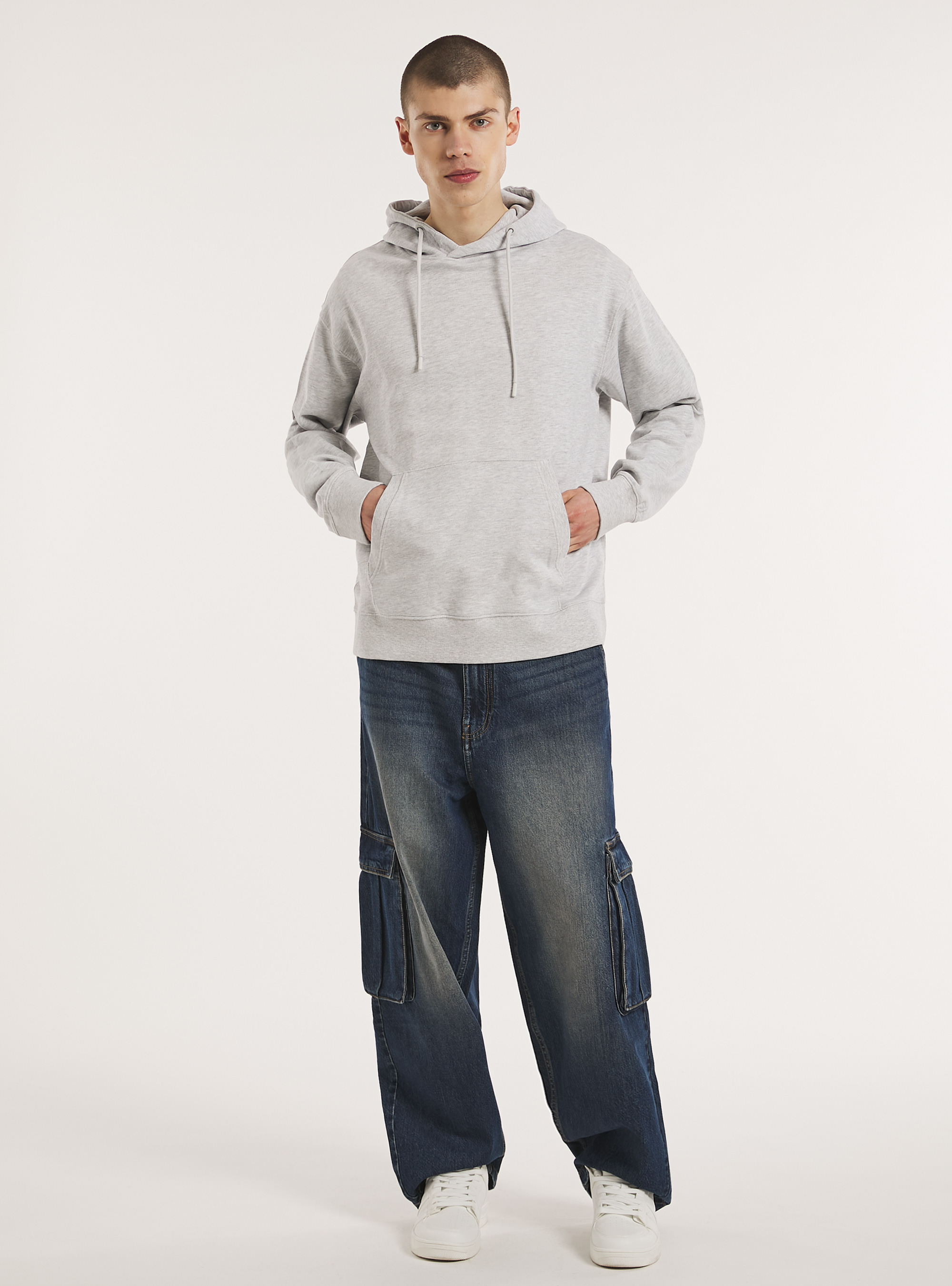 Sweatshirt with hood and pouch pocket, MGY3 GREY MEL LIGHT