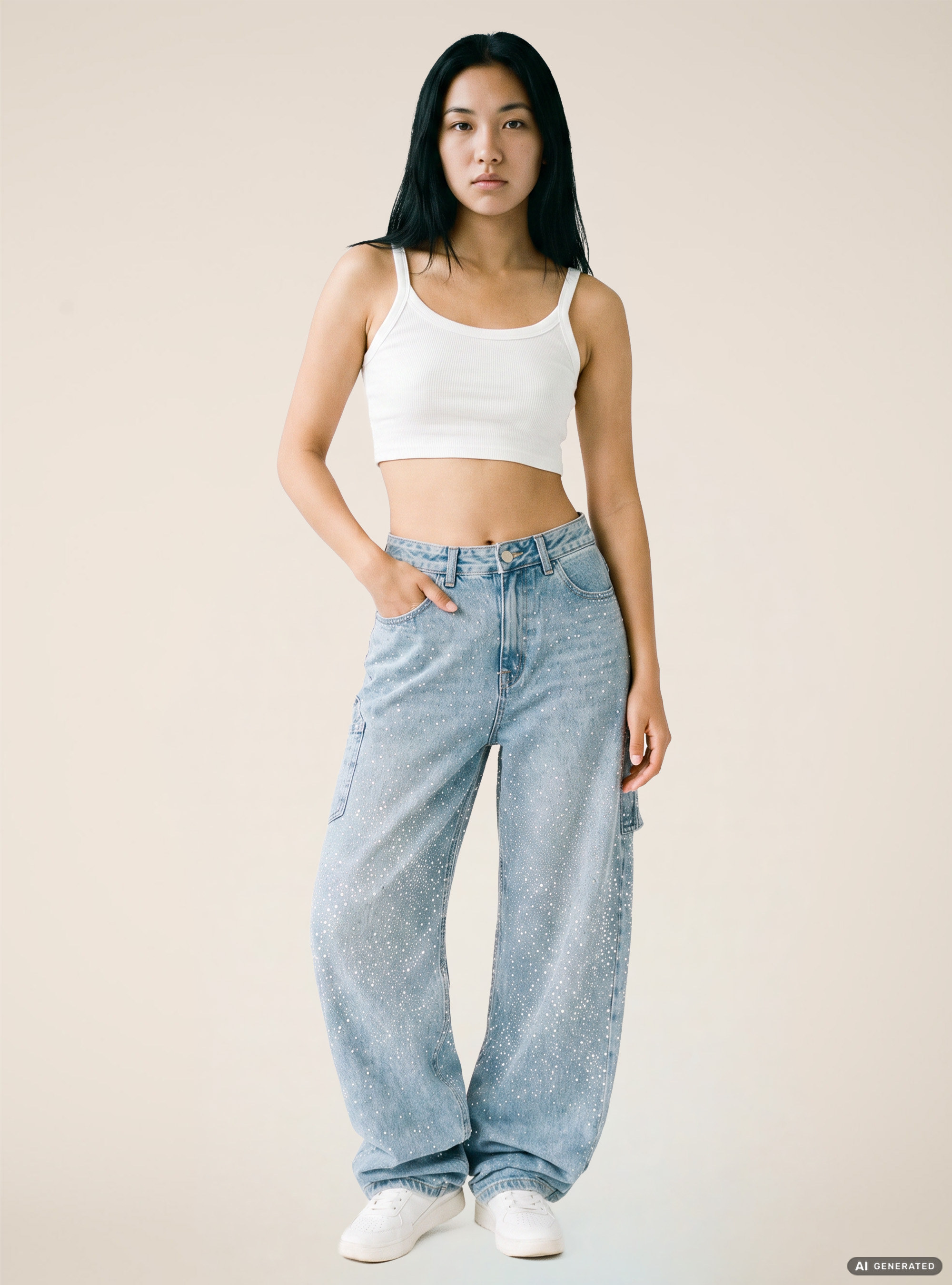 Jeans baggy carpenter avec strass, D006 AZURE