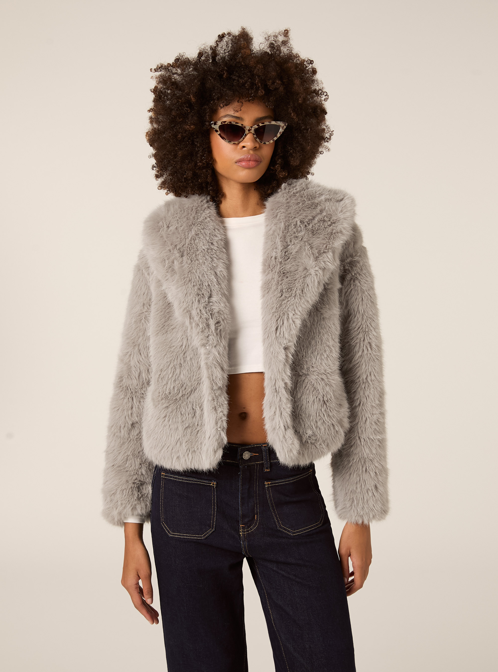 Pelliccia sintetica collo cappuccio, GY2 GREY MEDIUM