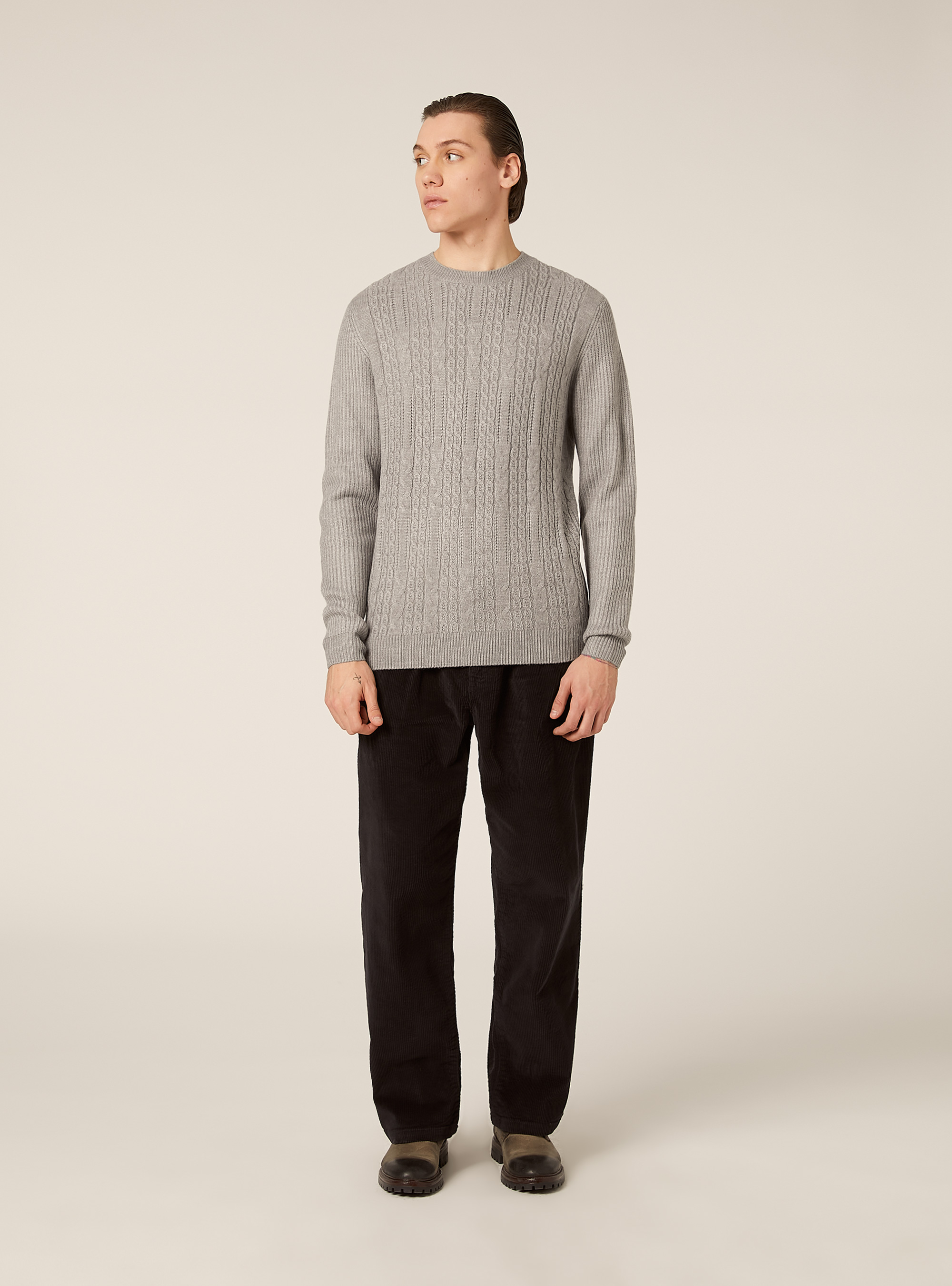 Maglione girocollo trecce, MGY2 GREY MEL MEDIUM