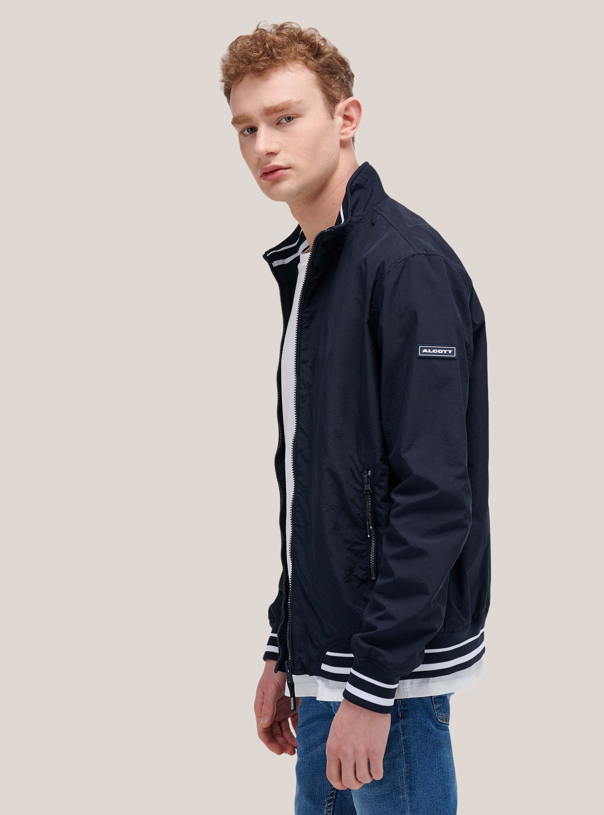 Bomber in nylon con dettagli a righe, BLU MARINO