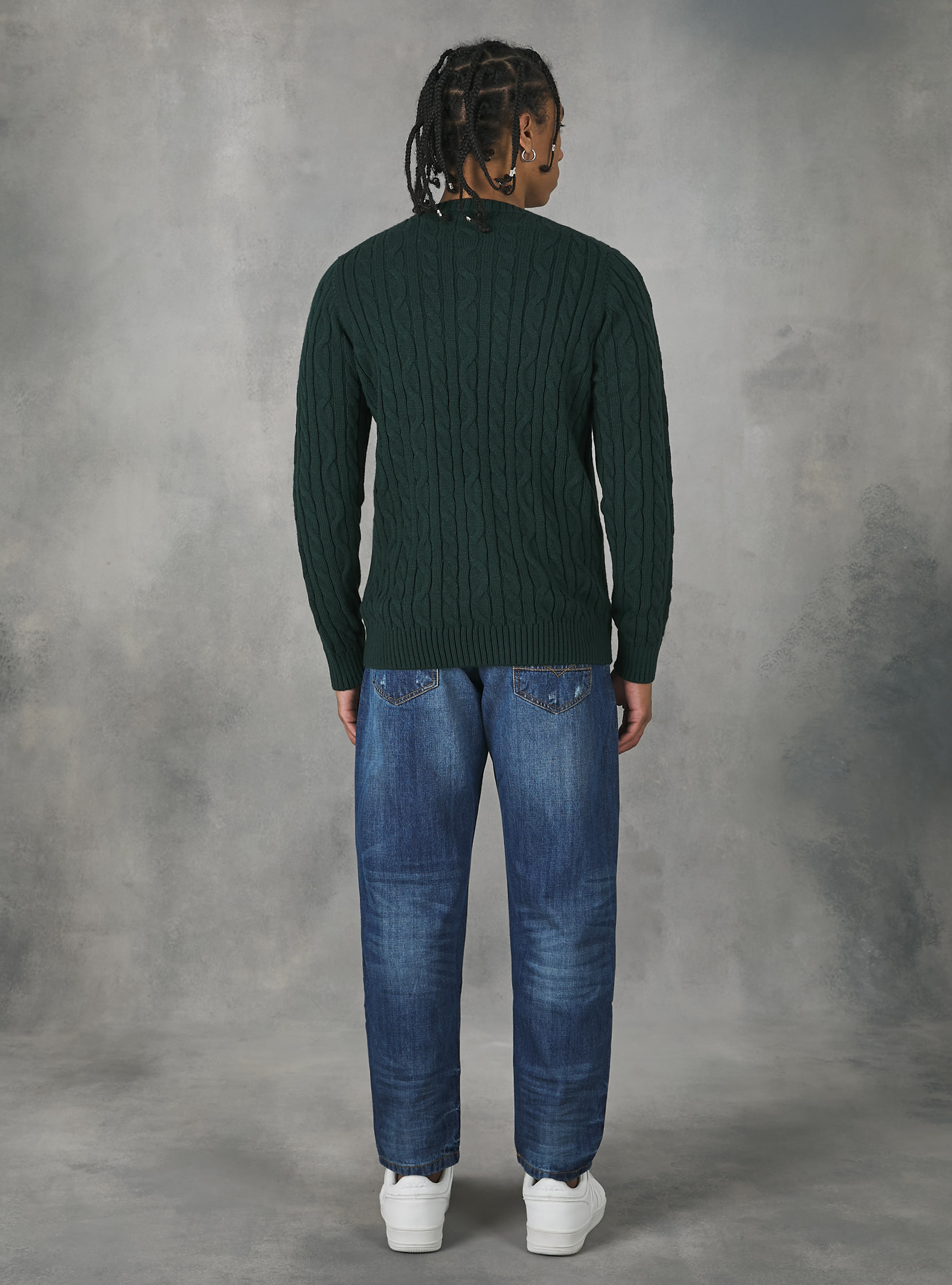 Crew-neck pullover with braids, GN1 GREEN DARK