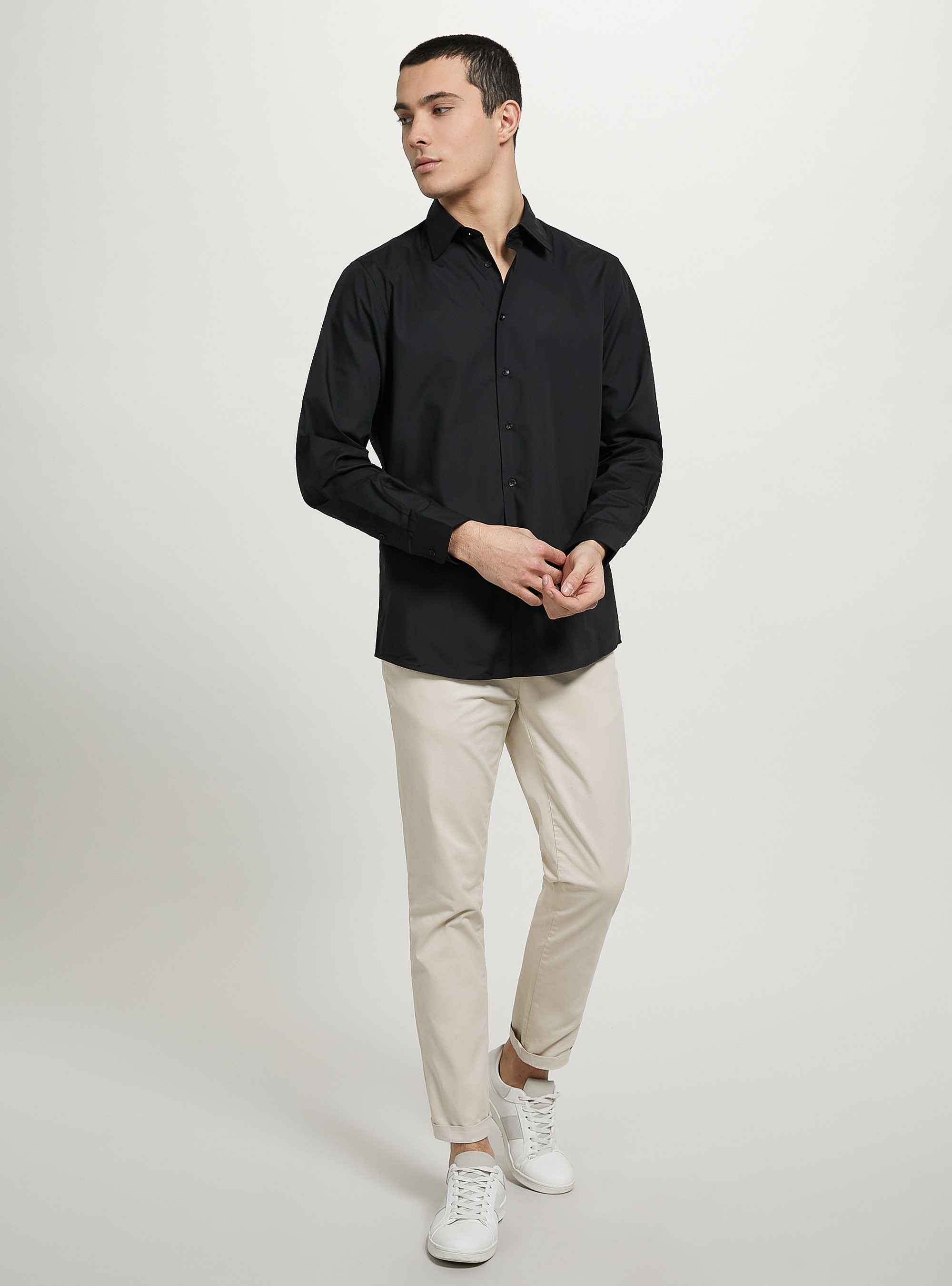Plain-coloured long-sleeved shirt, BK1 BLACK