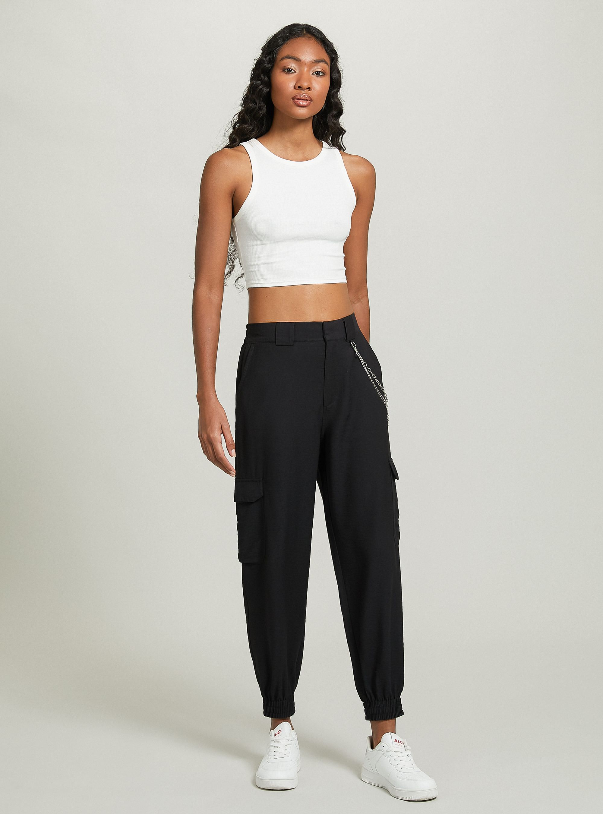 Linen blend chain trousers, BK1 BLACK