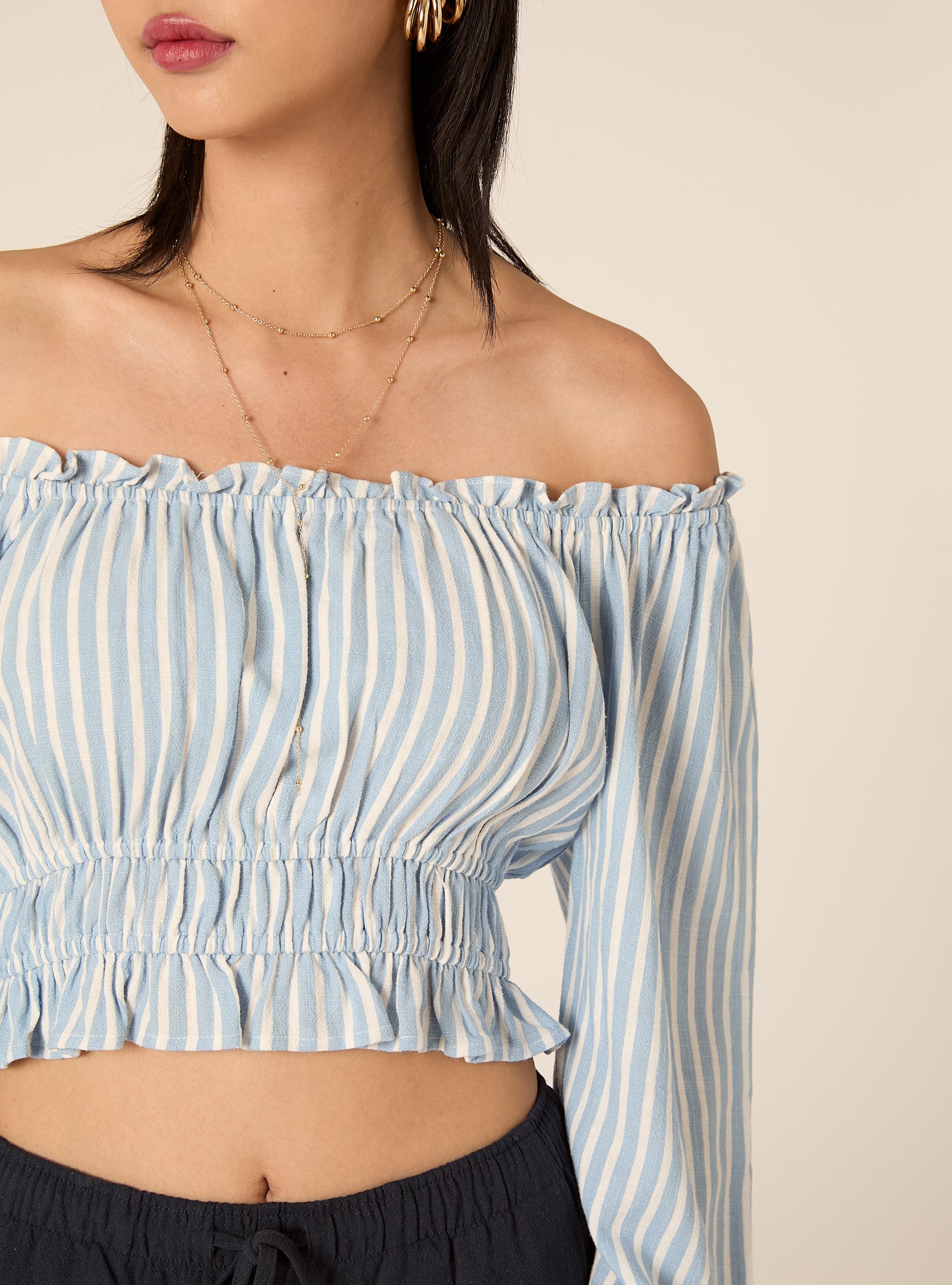 Blusa con spalle scoperte in misto lino, MULTICOLORE