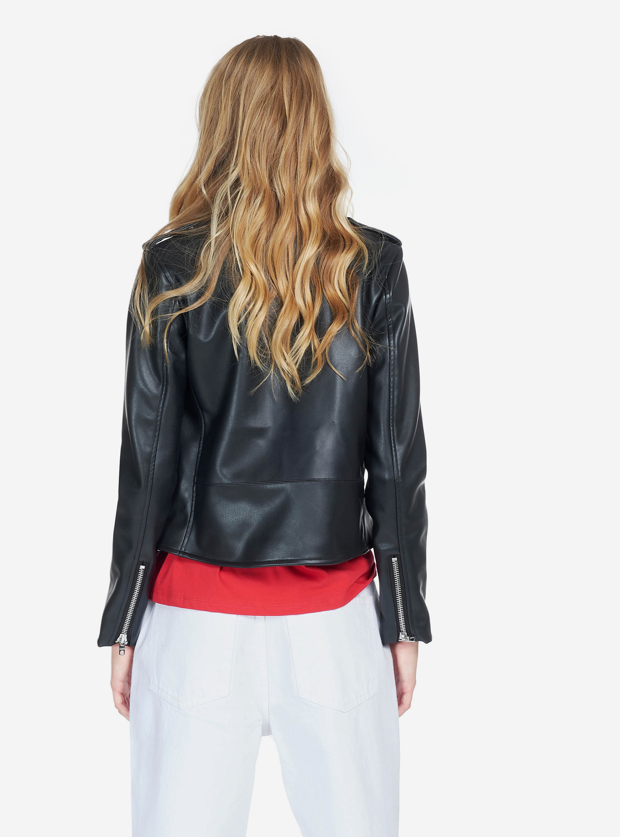 CAZADORA DE MOTOCICLISTA DE CUERO ECOL&Oacute;GICO, NEGRO