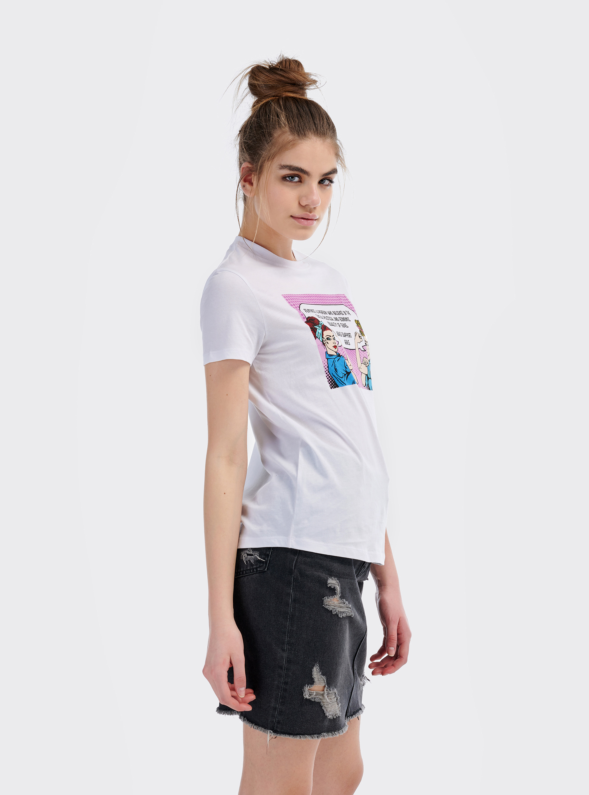 T-shirt court à imprimé bande dessinée, C099 WHITE