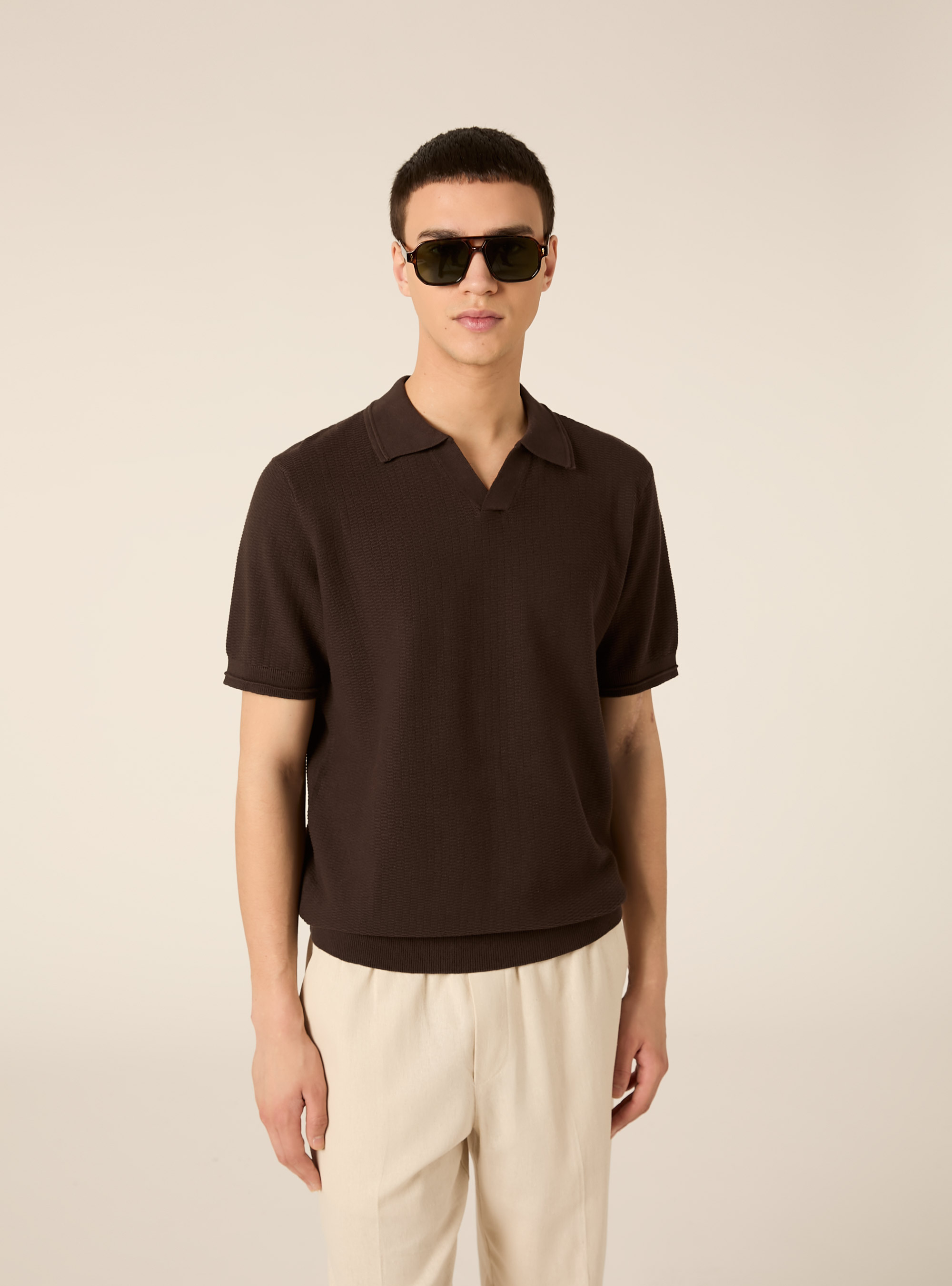 Polo derby in maglia in misto cotone, BR1 BROWN DARK