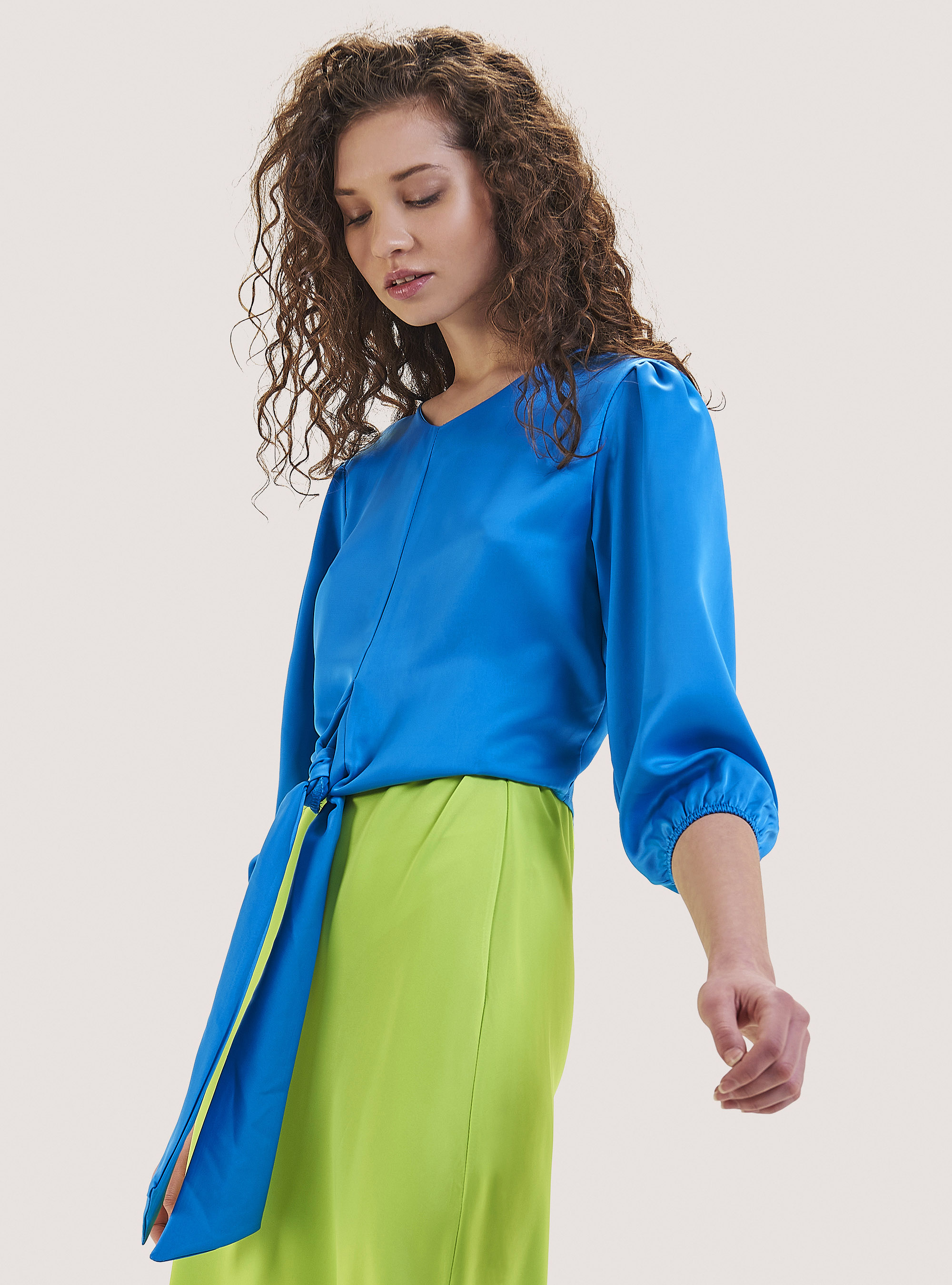 Satin blouse with knot, C0299 AZZURRE