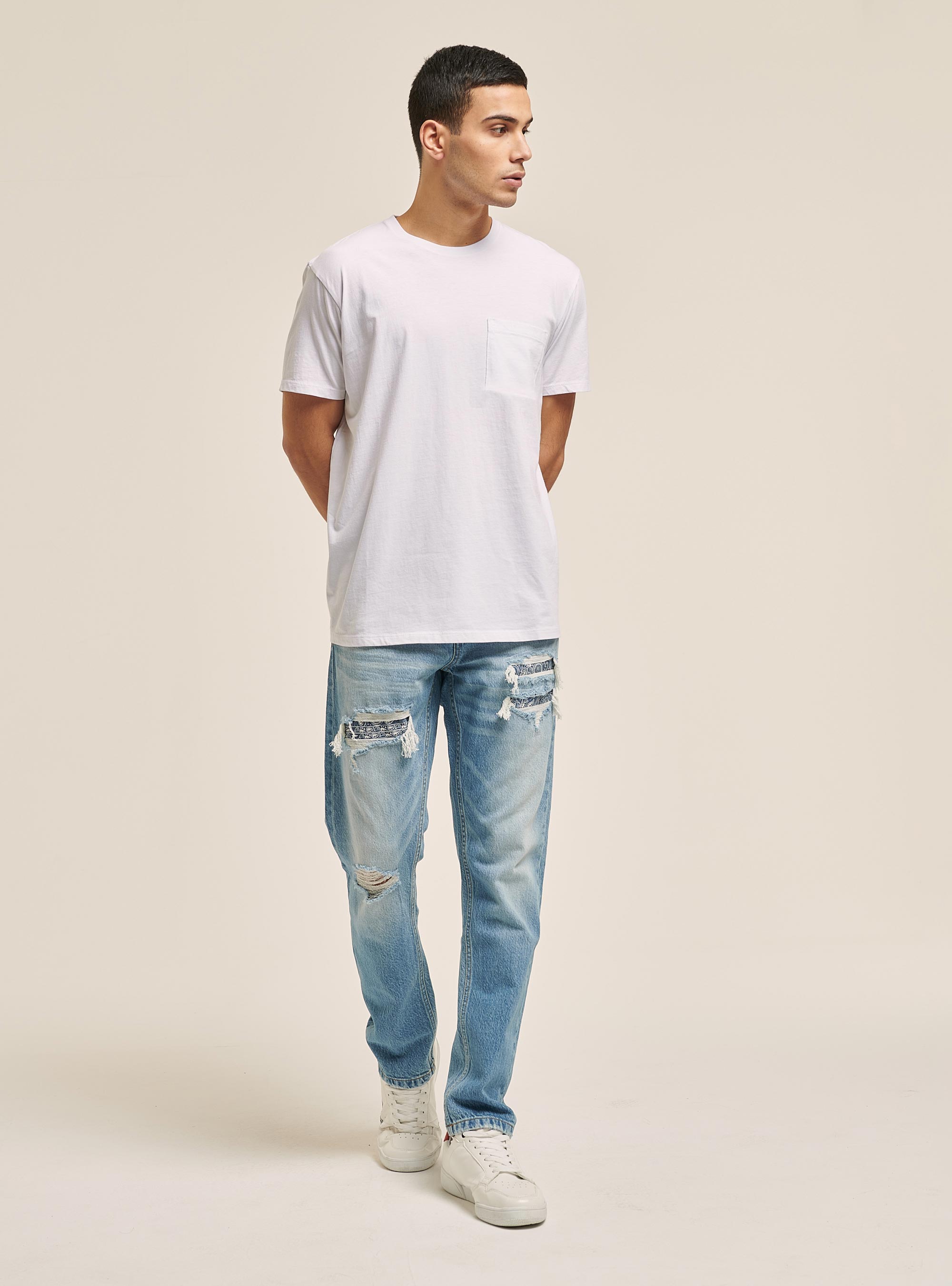 Maglietta basic in cotone con taschino, BIANCO