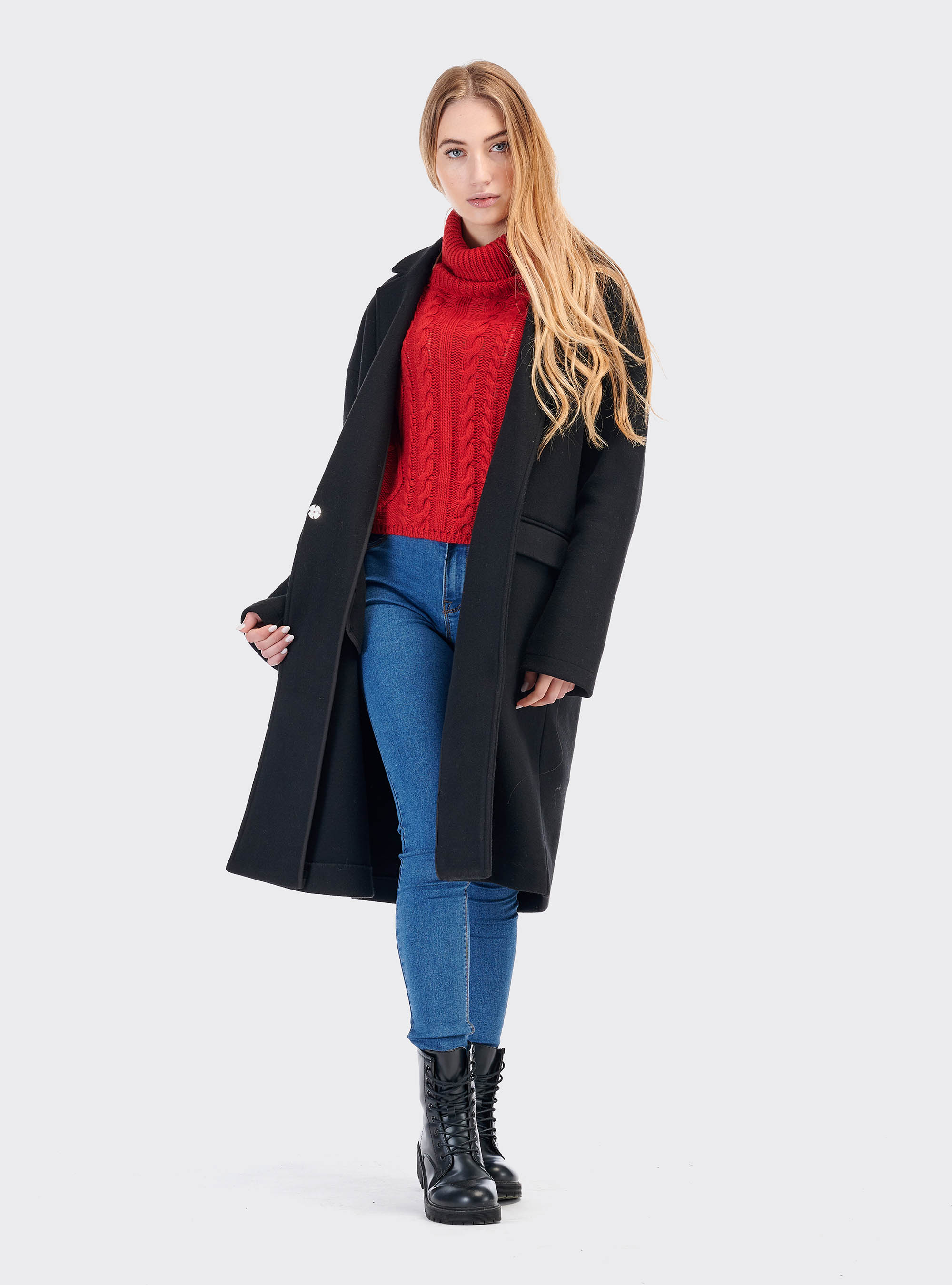 Cropped pullover with braids in wool blend, RED