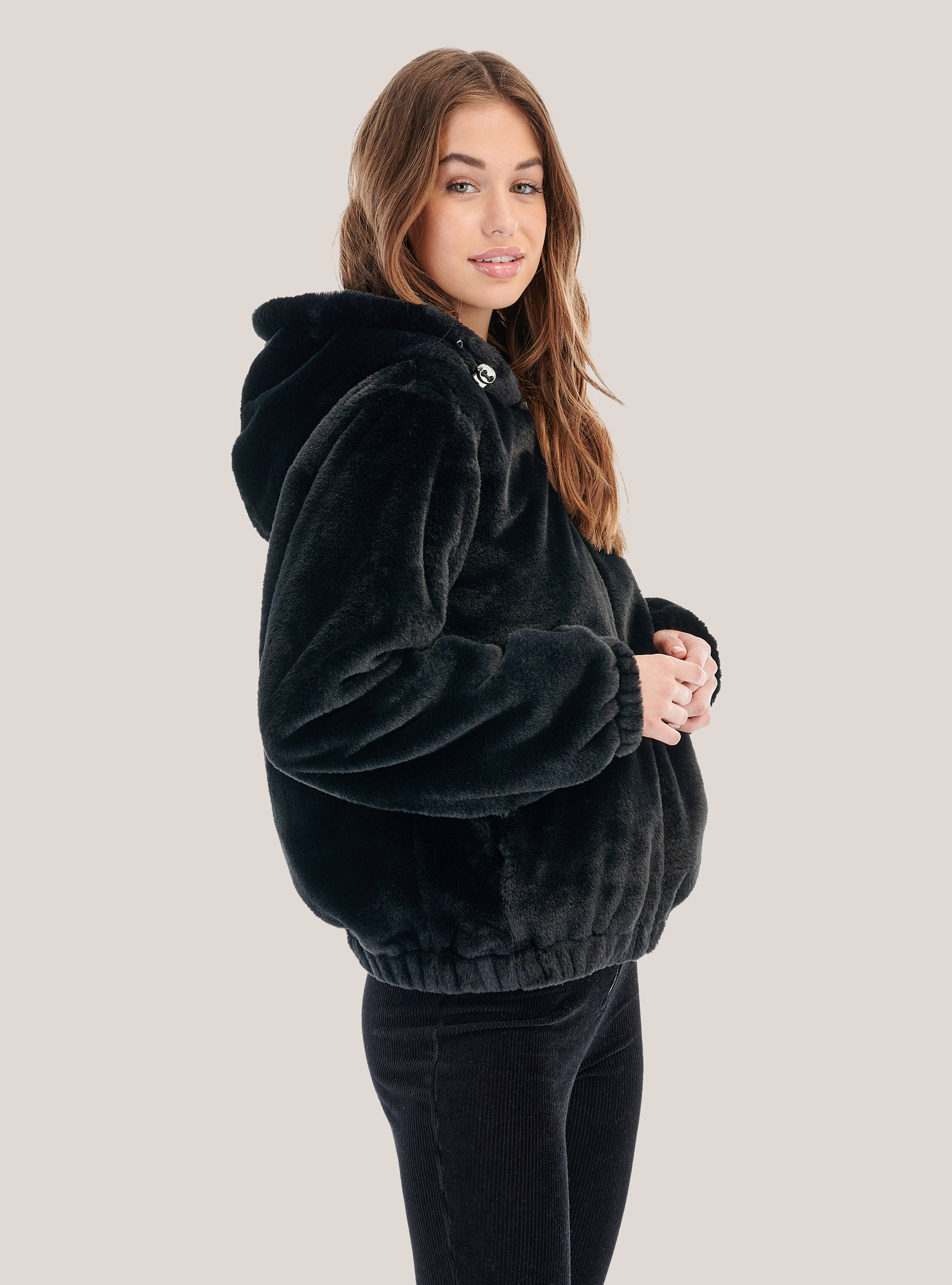 Faux fur jacket with hood, C101 BLACK