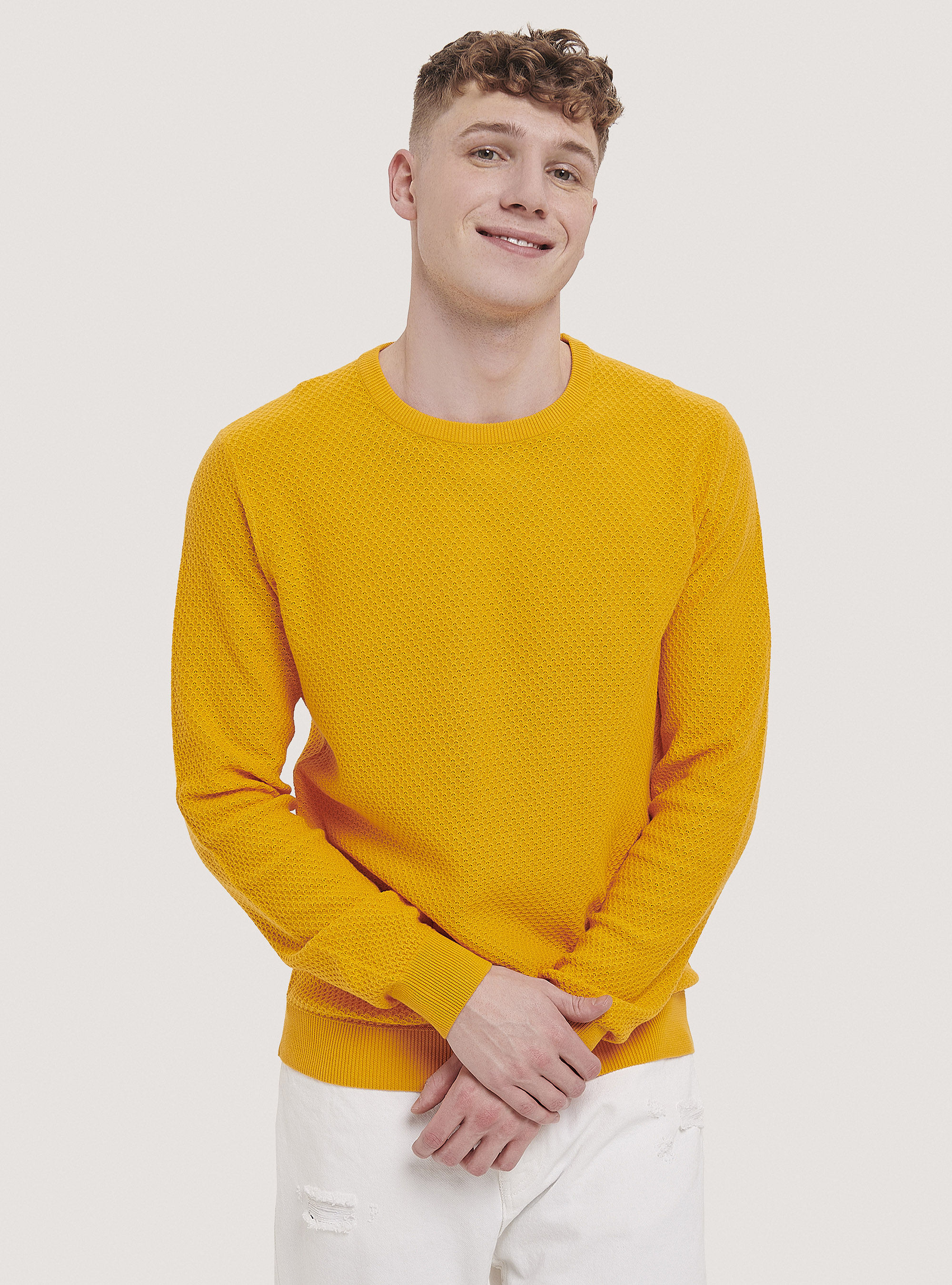 Jersey de cuello redondo con textura de nido de abeja, C734 SENAPE