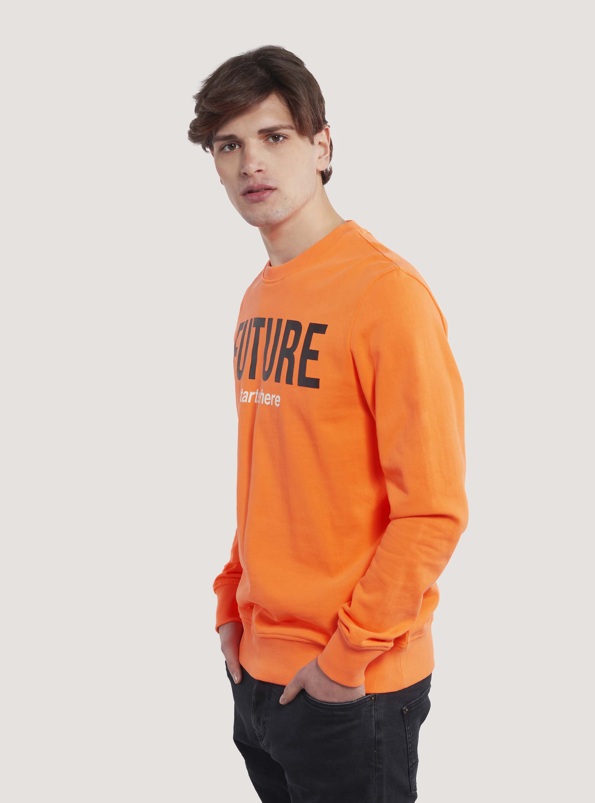 Fluo-Sweatshirt mit Rundhalsausschnitt und Slogan-Aufdruck, C378 ORANGE FLUO