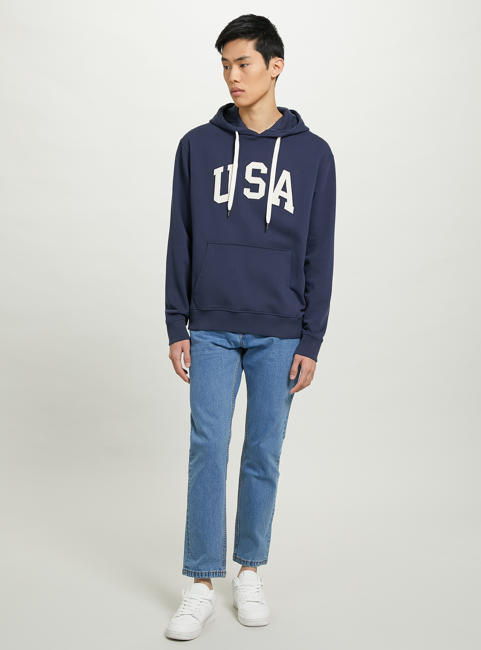 Sweat-shirt en coton avec capuche et patch USA, C2456 BLU