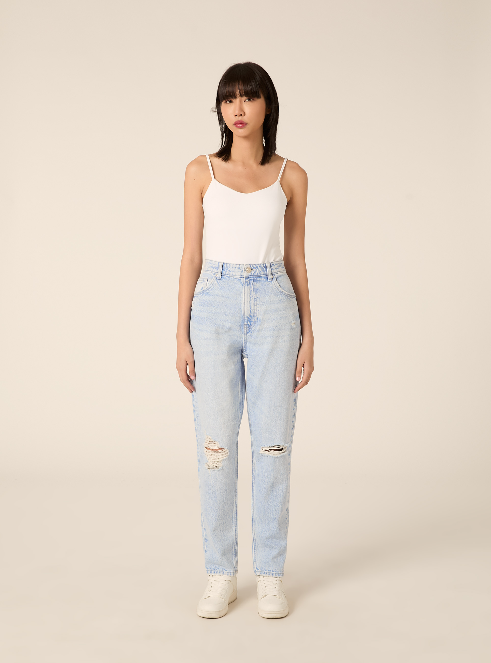 Mom fit jeans with rips, D003 MEDIUM BLUE