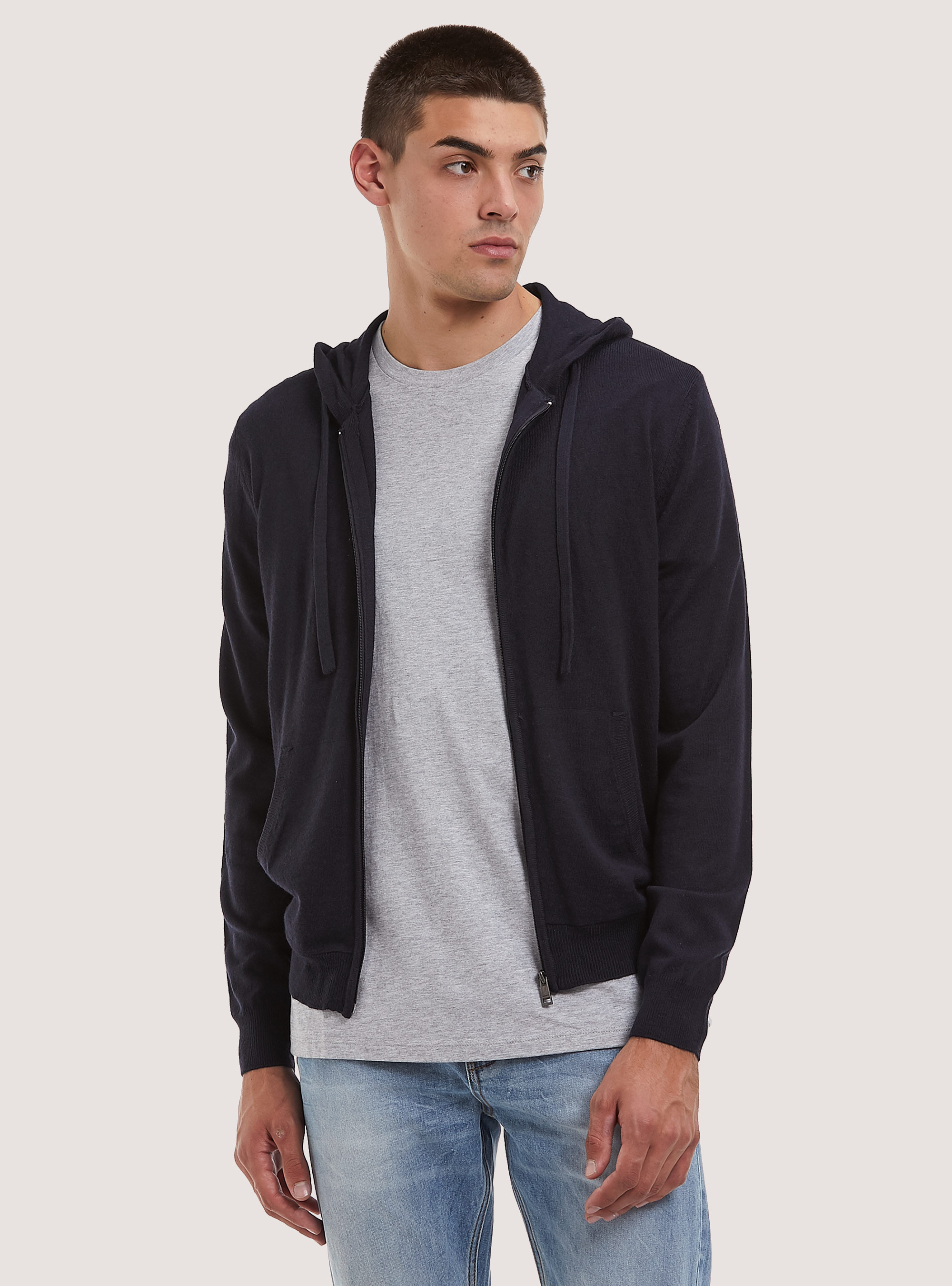 Pullover cardigan with hood, NA1 NAVY DARK