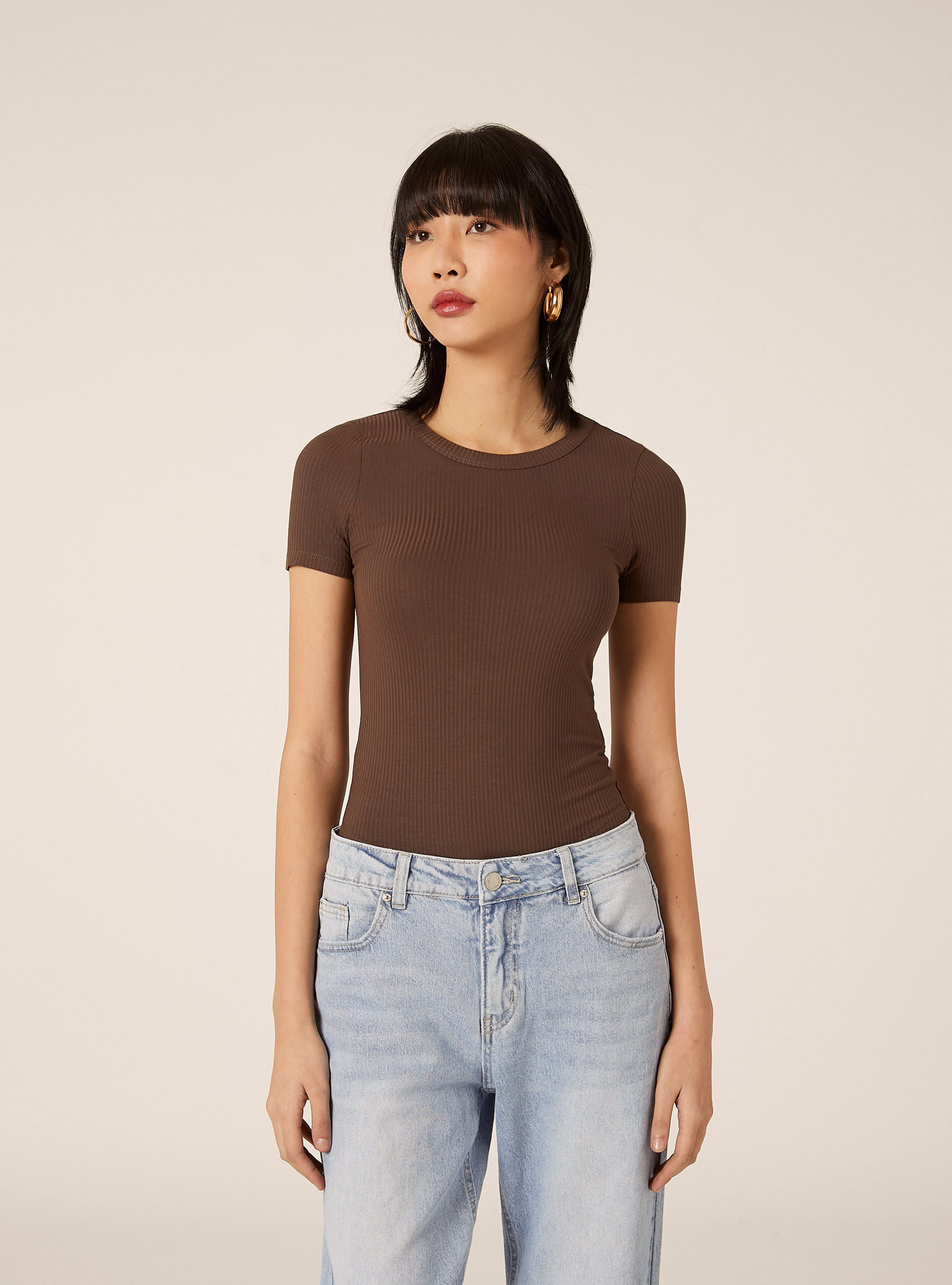 Body a coste maniche corte, BR2 BROWN MEDIUM