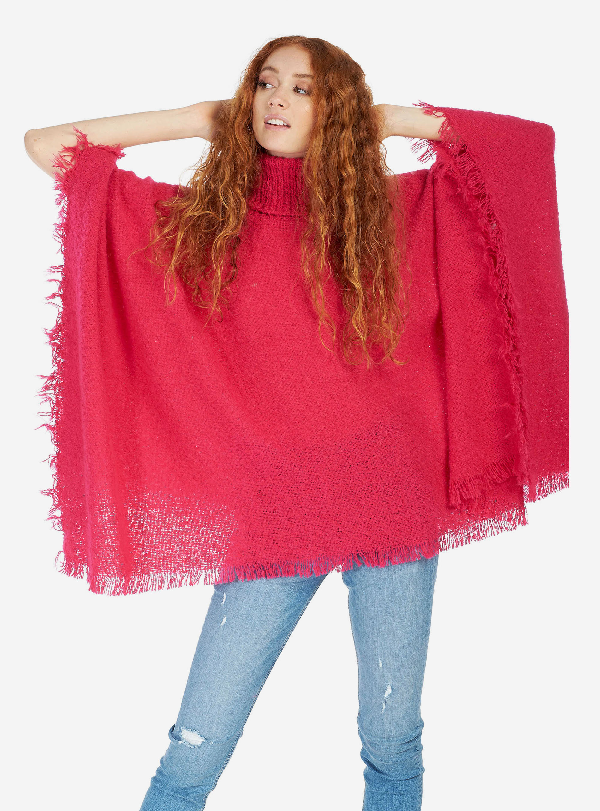 PONCHO WITH HIGH COLLAR, FUXIA