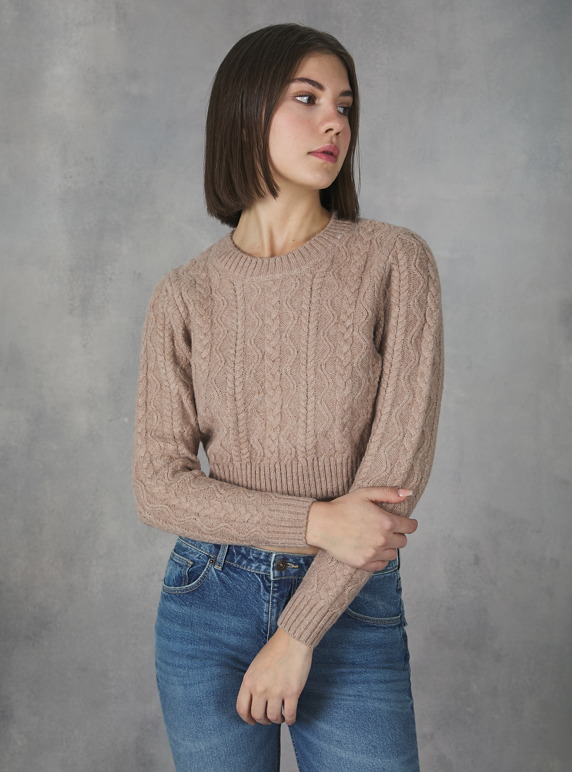 Cropped pullover with braids, MBG1 BEIGE MEL DARK