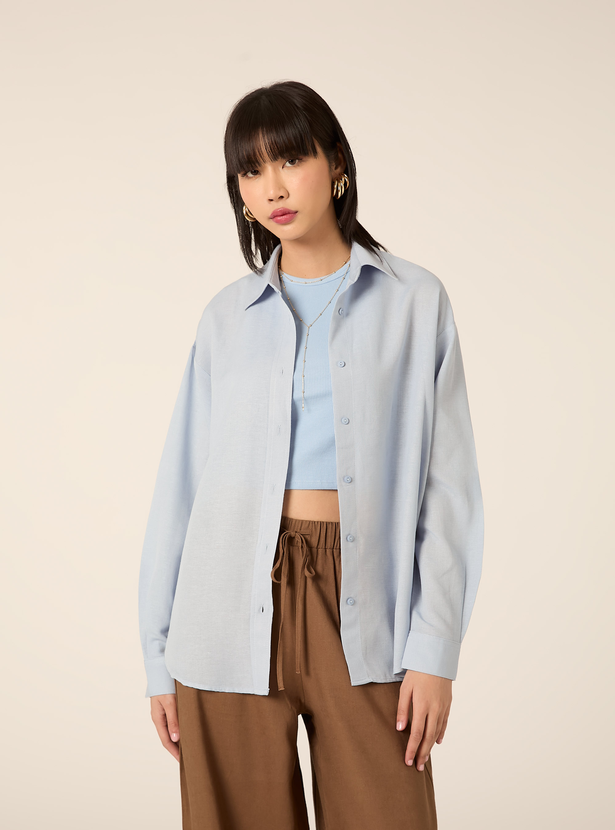 Camicia in misto lino tinta unita, AZ3 AZURE LIGHT