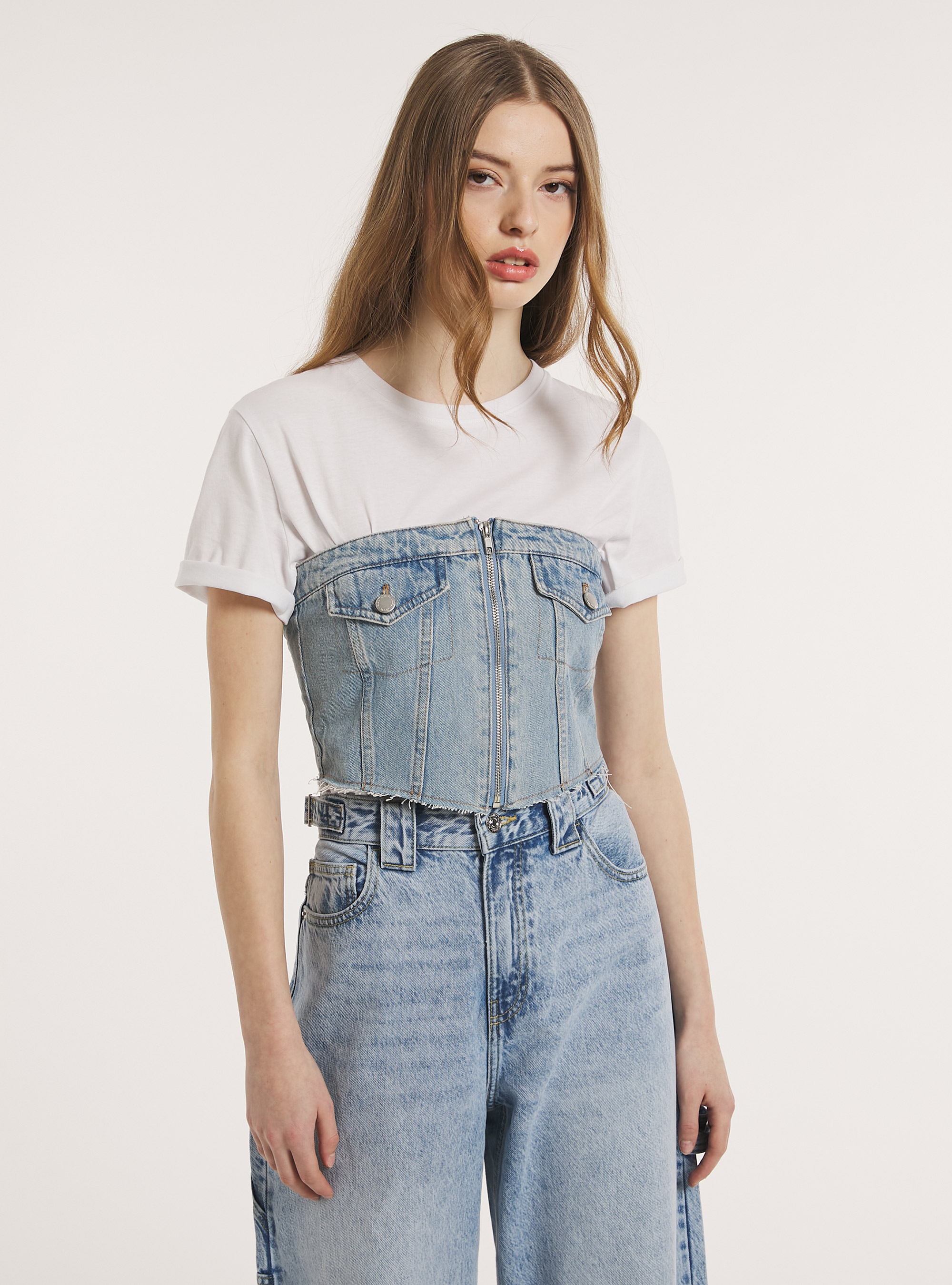 Denim bustier with zip, D006 AZURE