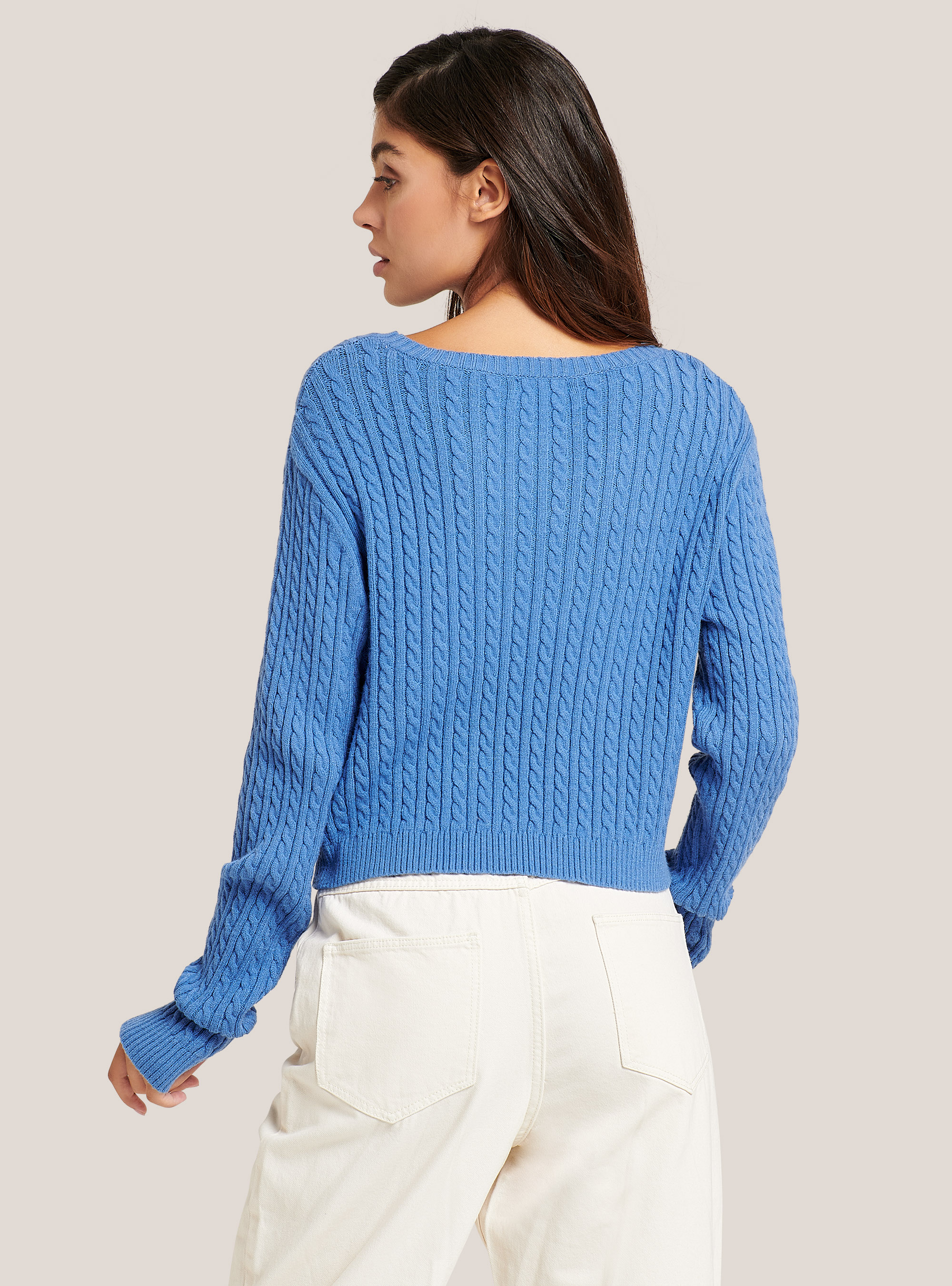 Suéter recortado con trenzas de tacto suave, C2310 TURQUOISE