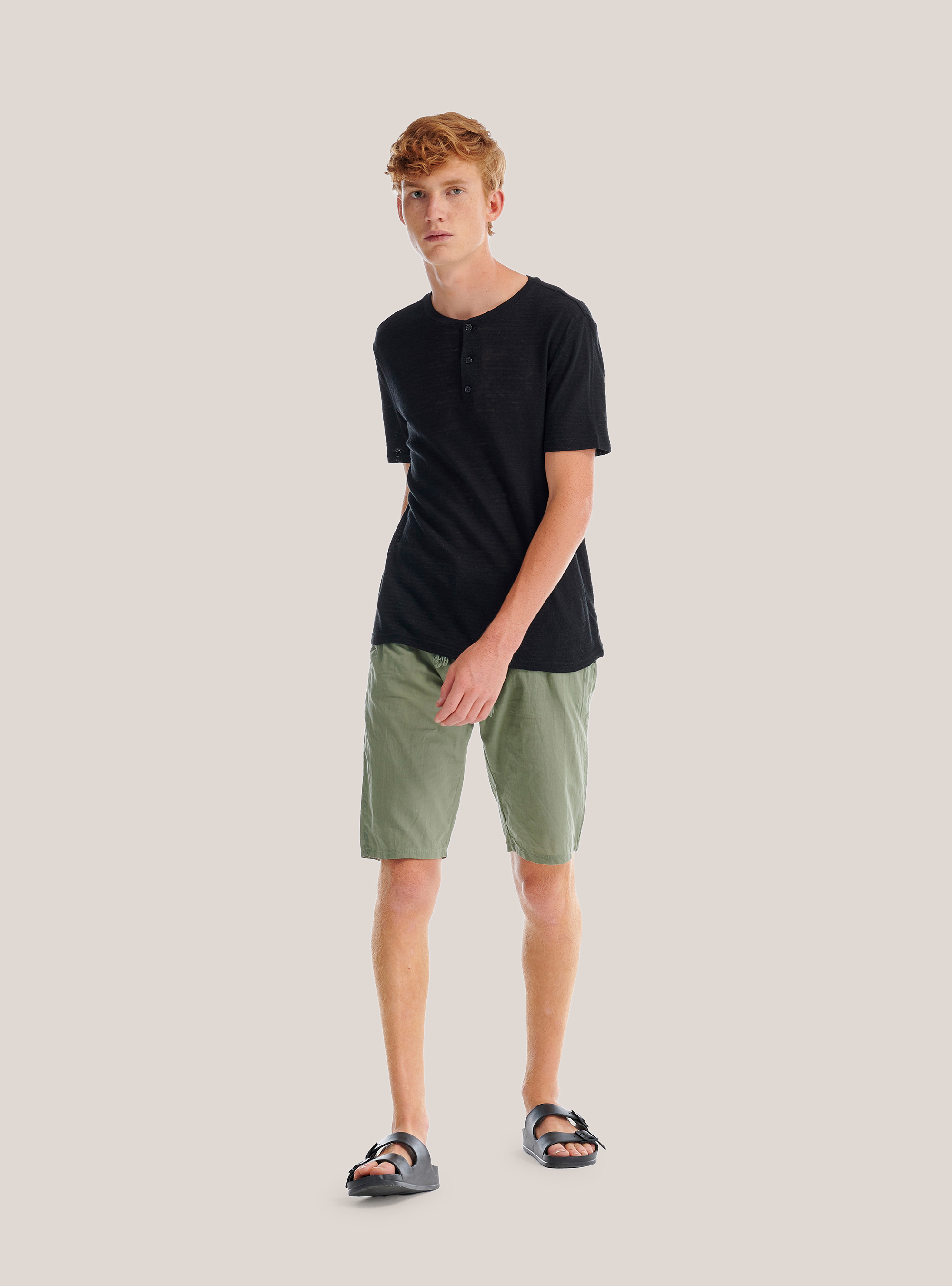 Maglietta serafino in misto lino, NERO