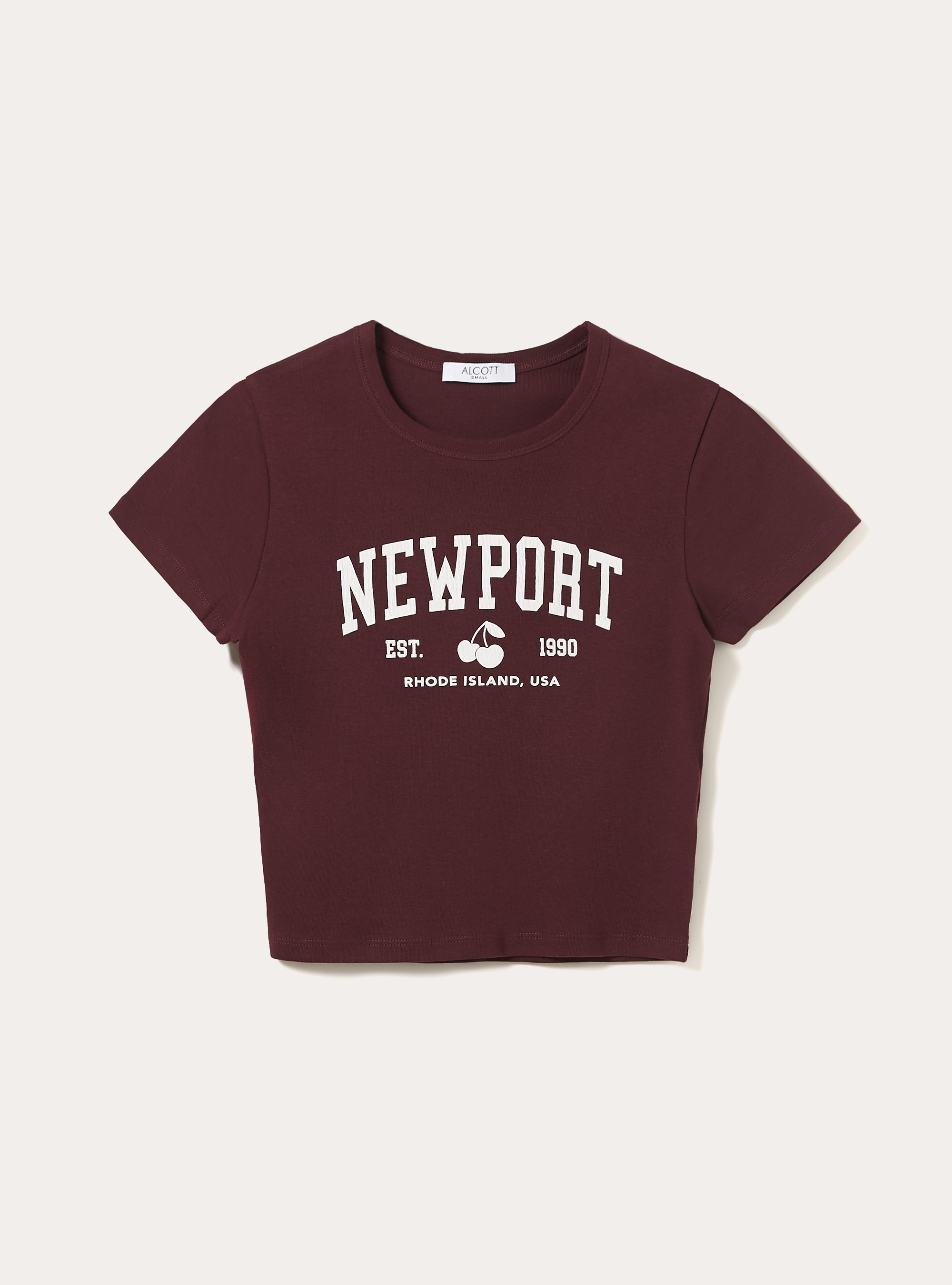 Kurz&auml;rmeliges Crop-T-Shirt mit College-Grafik-Print, BO1 BORDEAUX DARK