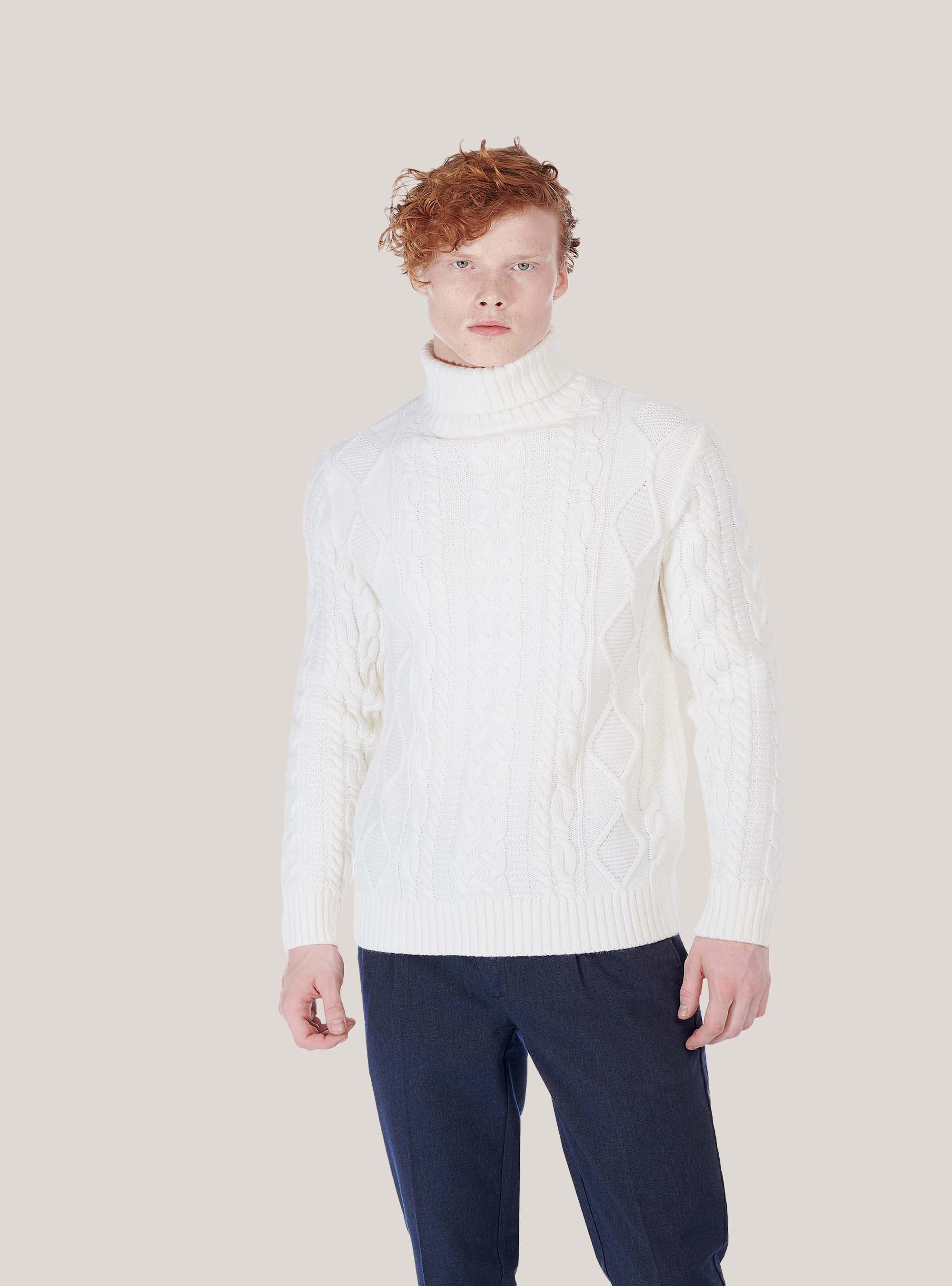 HIGH NECK BRAIDED  WOOL SWEATER, WHITE