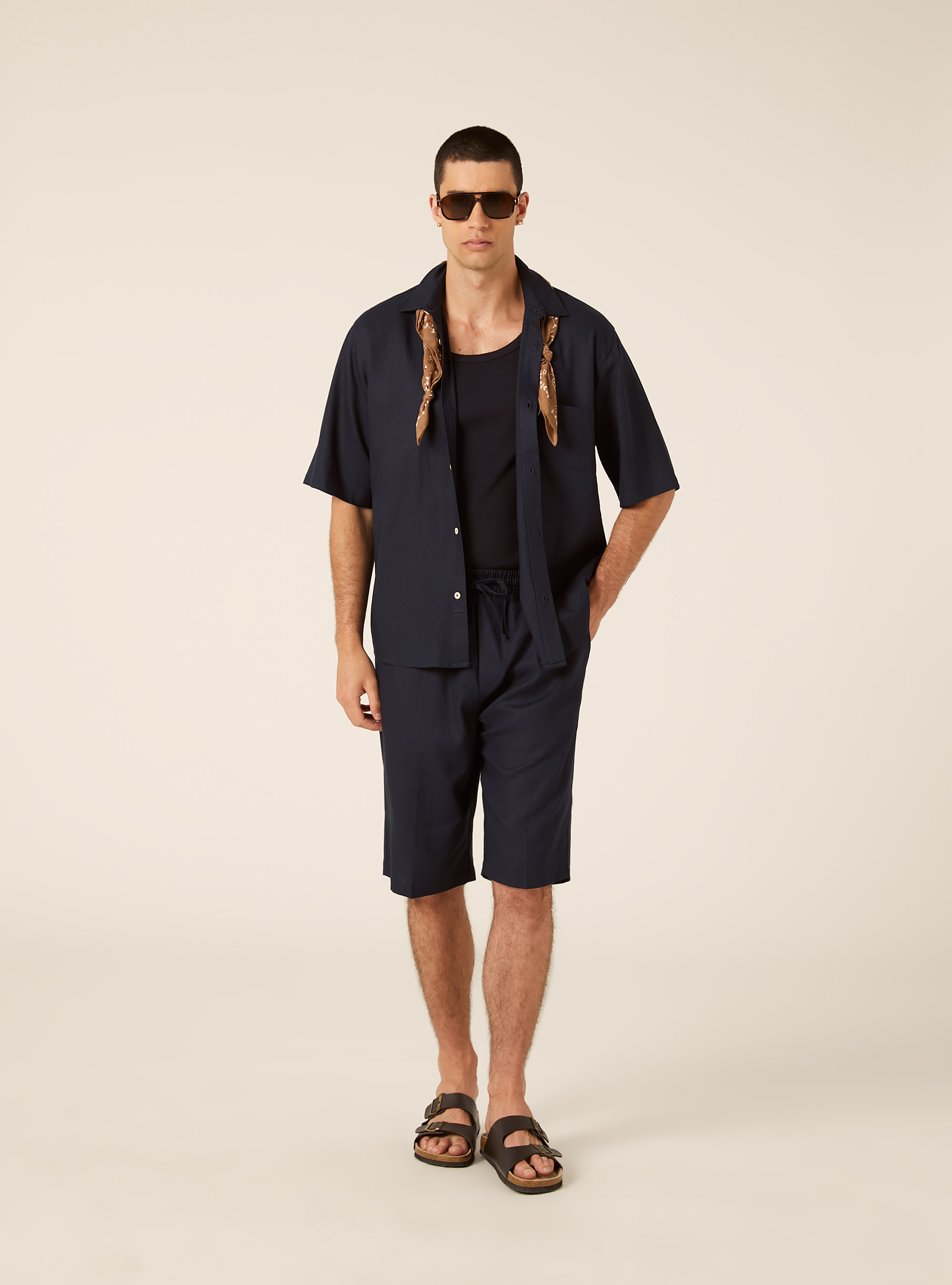 Camicia  in misto lino  con taschino, NA1 NAVY DARK