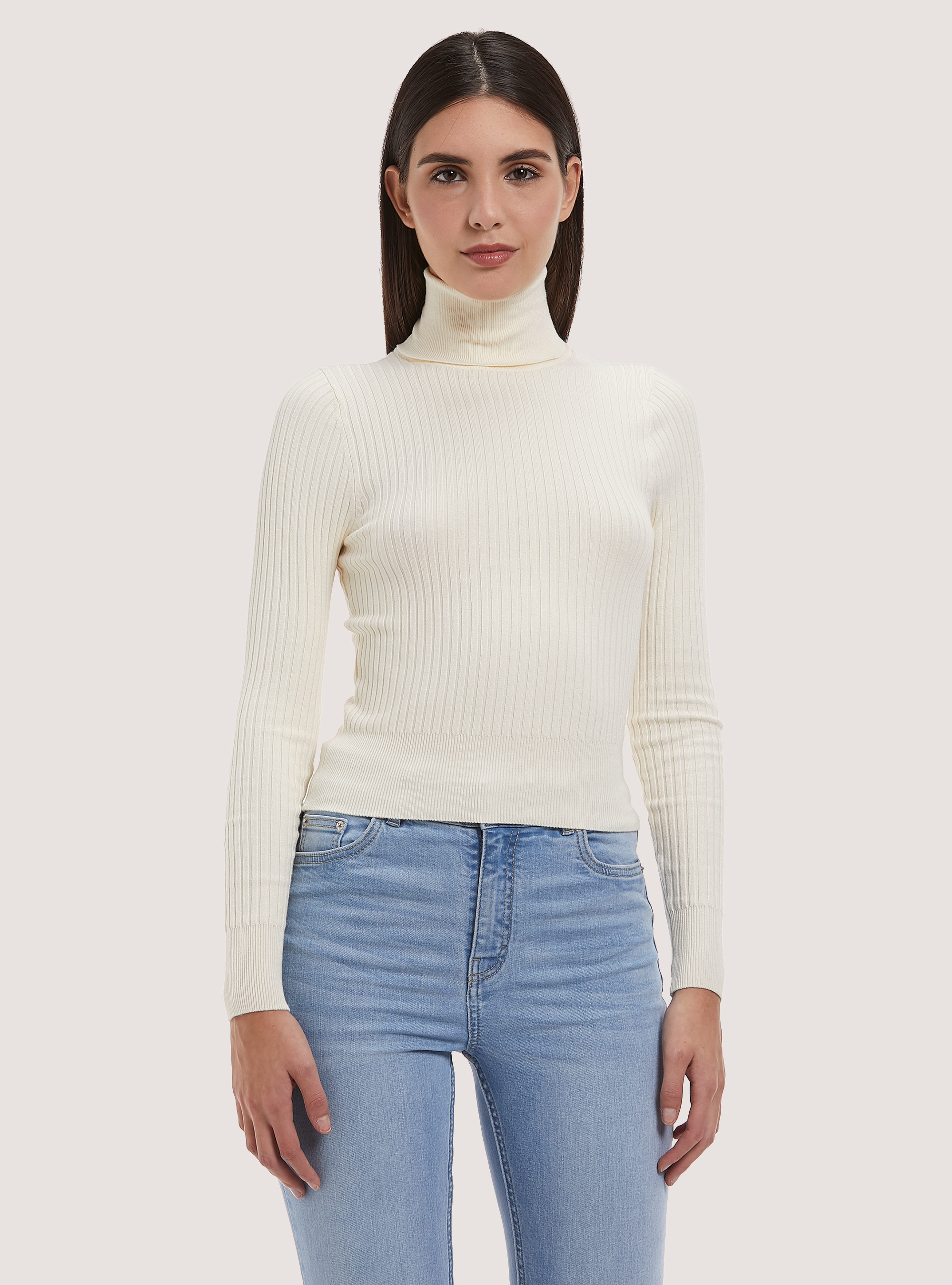 Pullover cropped a collo alto a coste, WH1 OFF WHITE