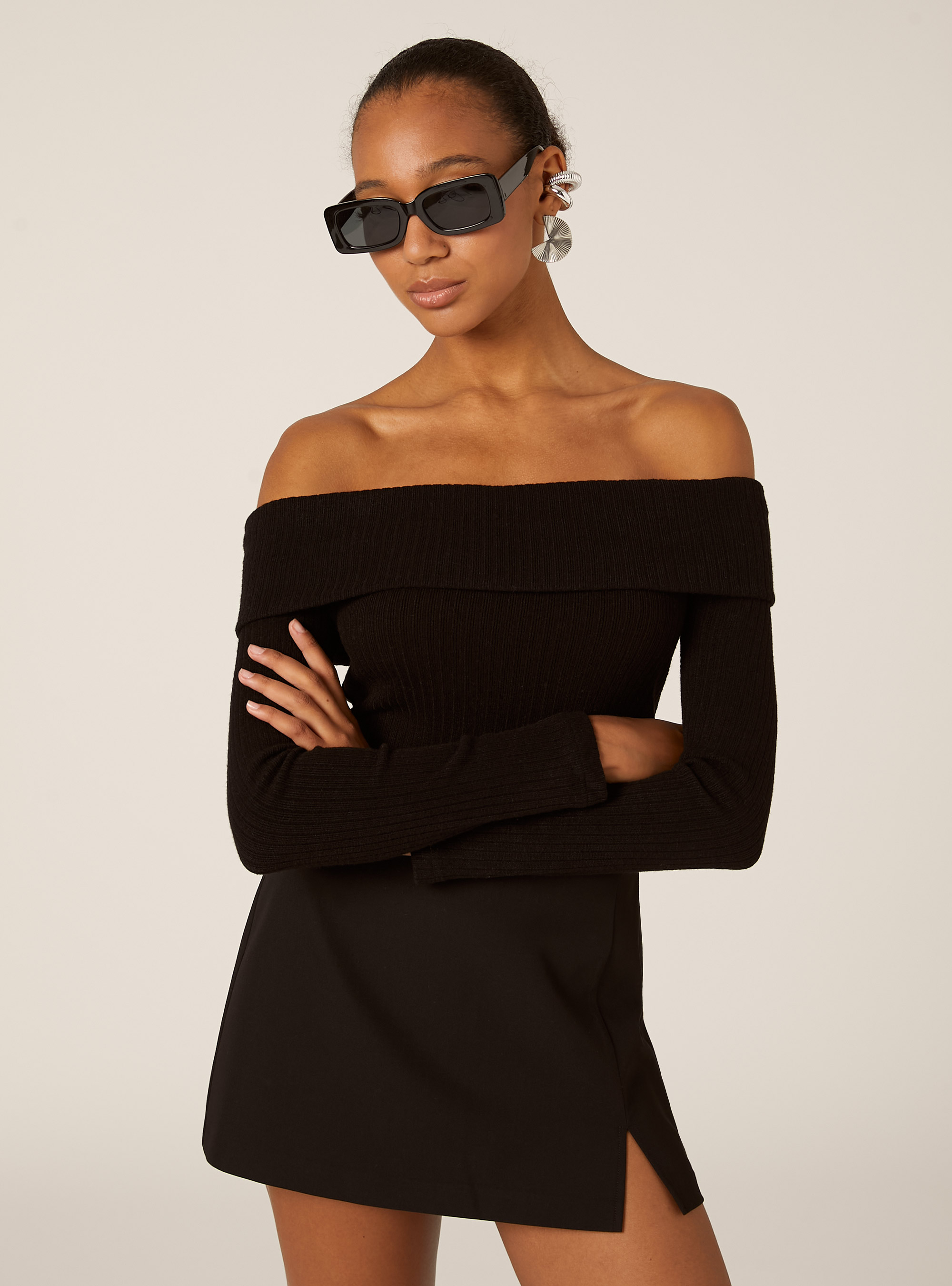 Pullover with ribbed bardot neckline, BK1 BLACK