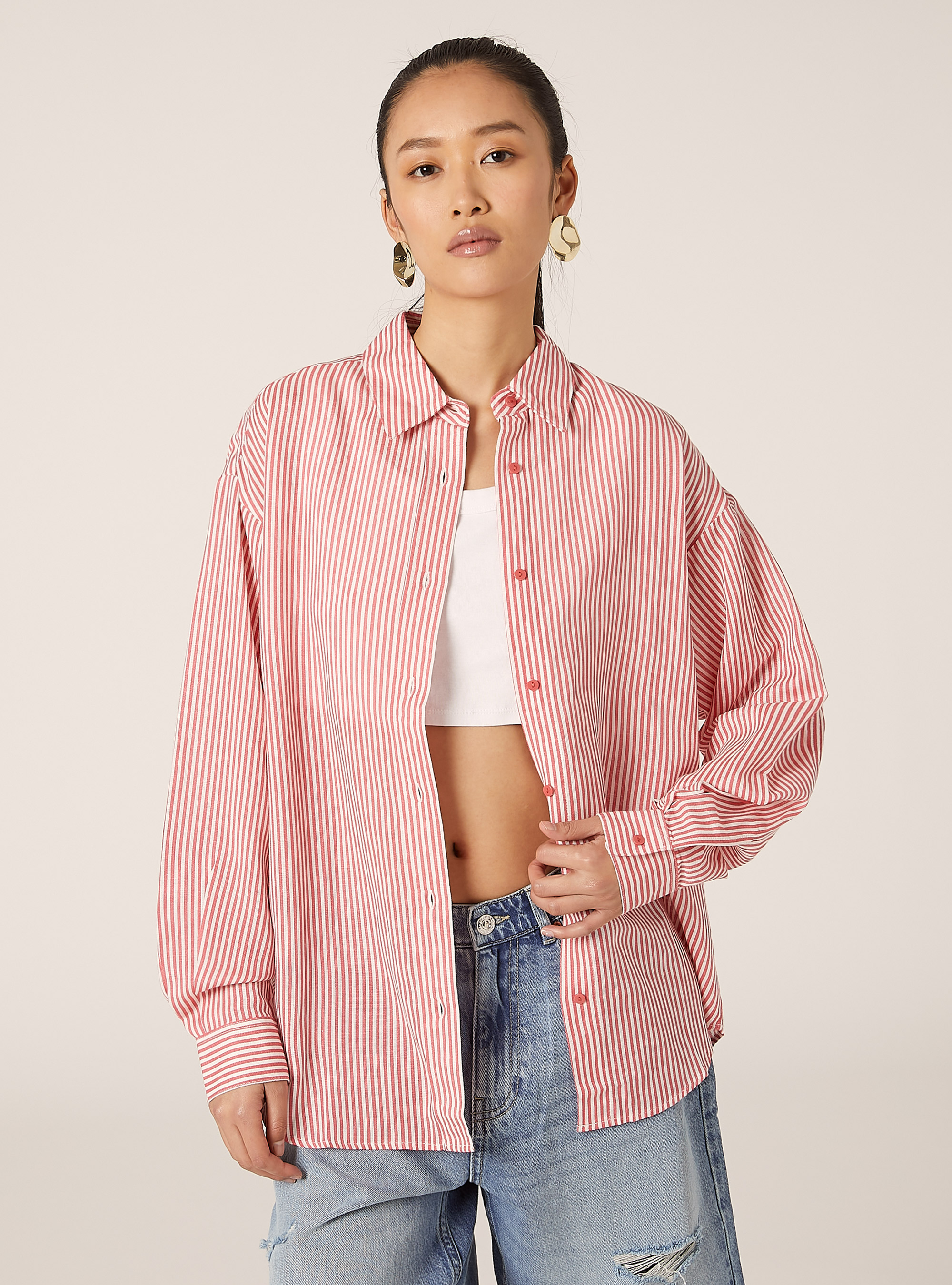 Linen blend striped shirt, RD2 RED MEDIUM