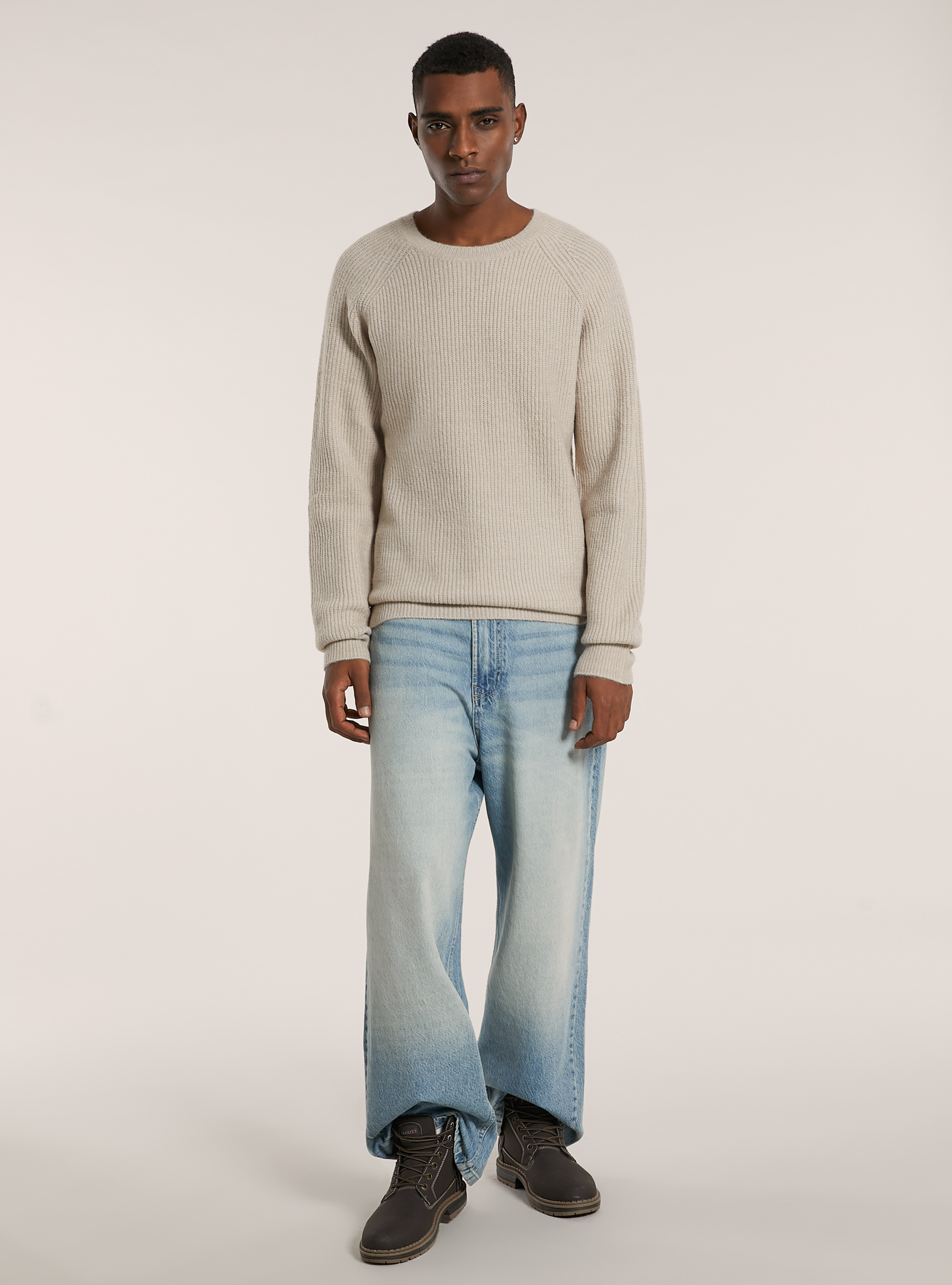 Pullover aus Wollmischung mit englischem Rippmuster, MBG3 BEIGE MEL LIGHT