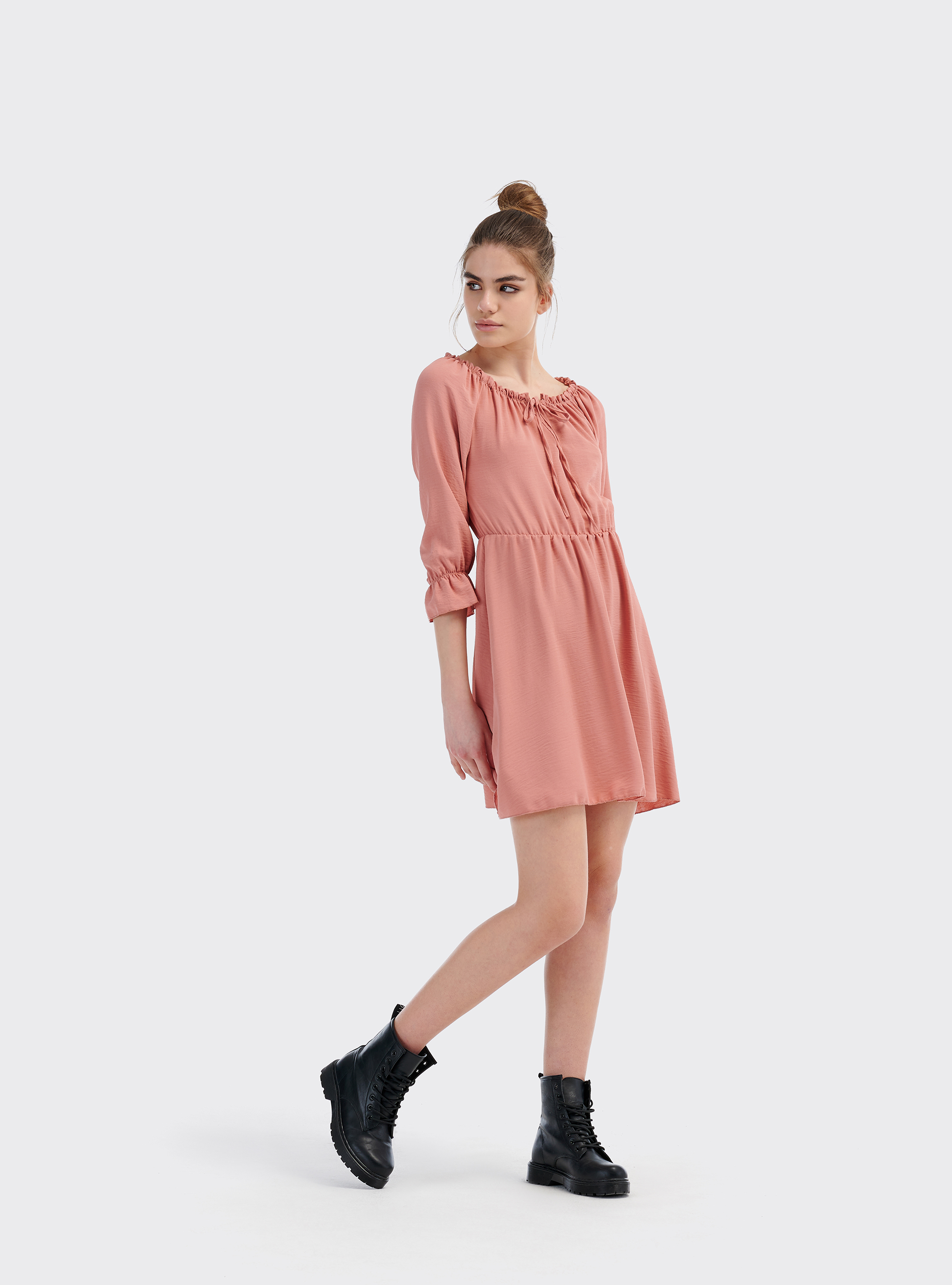 Vestito scollo bardot con elastico in vita, ROSA