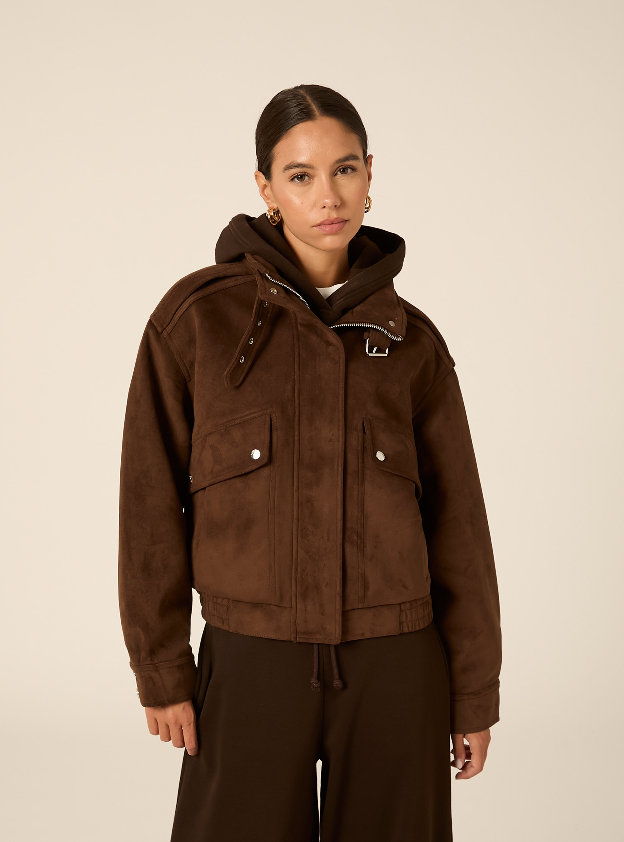 Faux suede jacket with buckle collar, BR2 BROWN MEDIUM