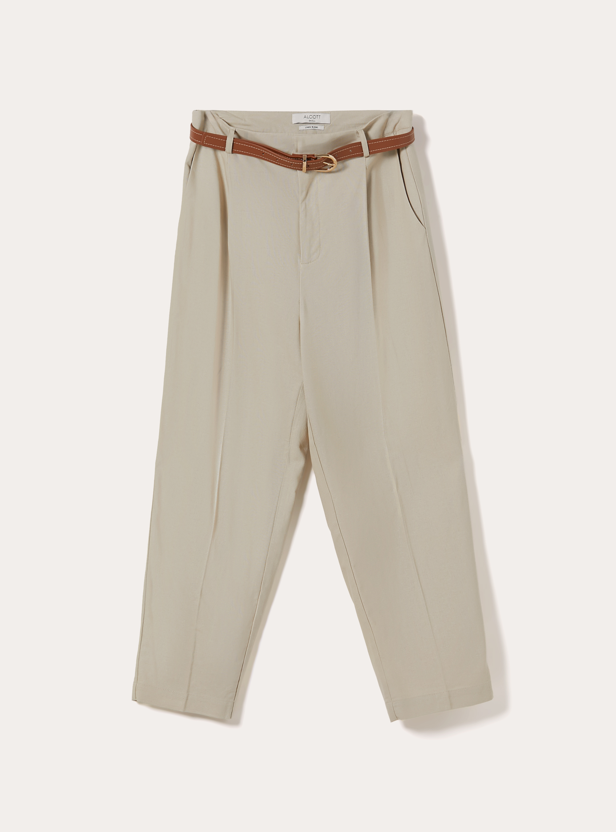 Pantaloni dritti in misto lino con cintura, MBG2 BEIGE MEL MED