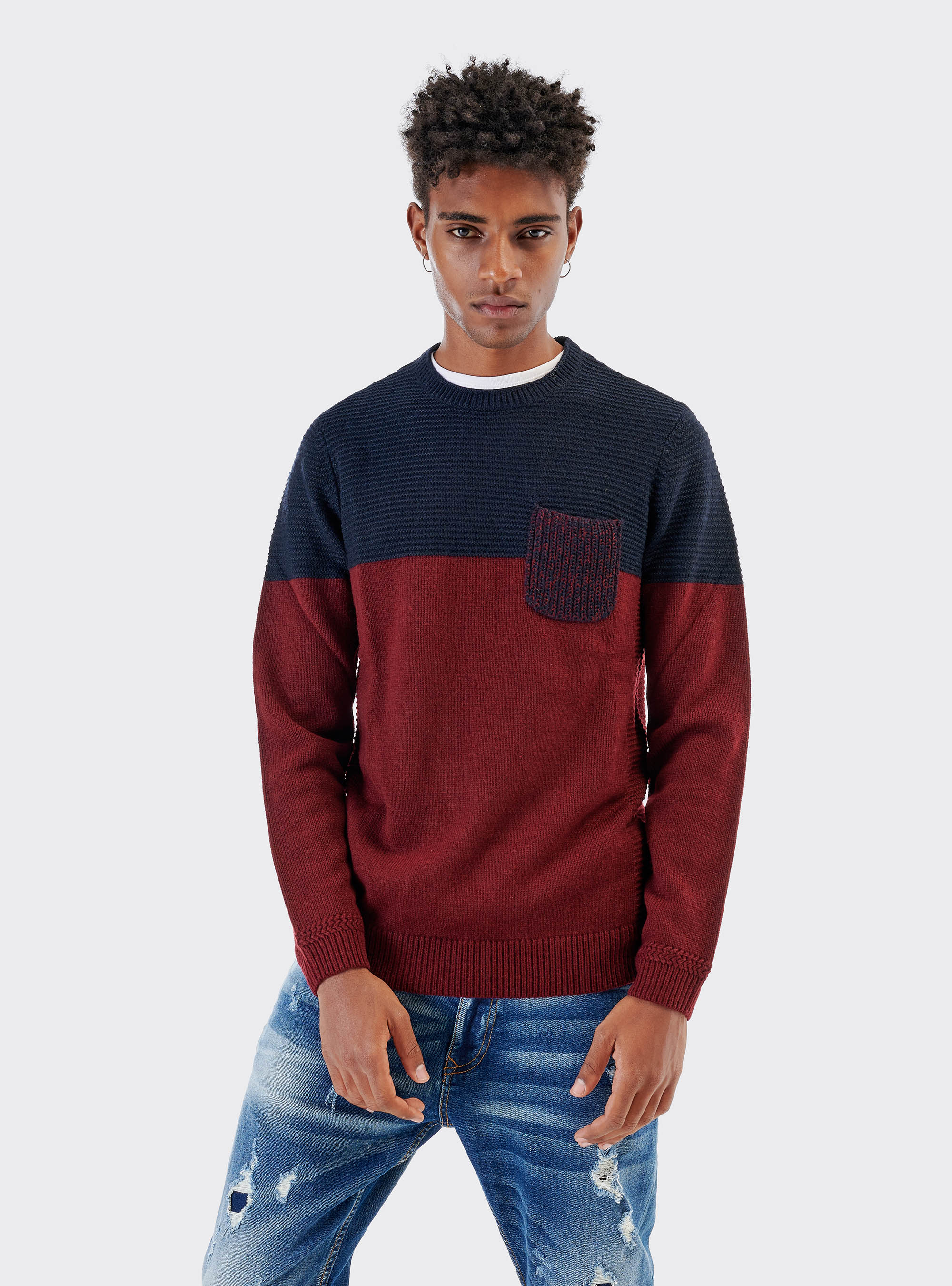 Jersey color block en mezcla de lana con bolsillo, AZUL MARINO