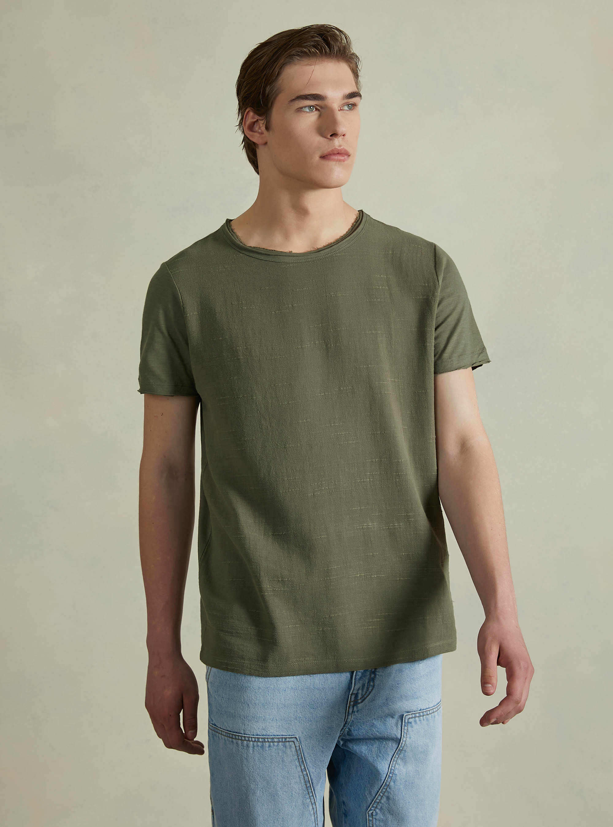 Linen-blend T-shirt in slub fabric, KY2 KAKY MEDIUM