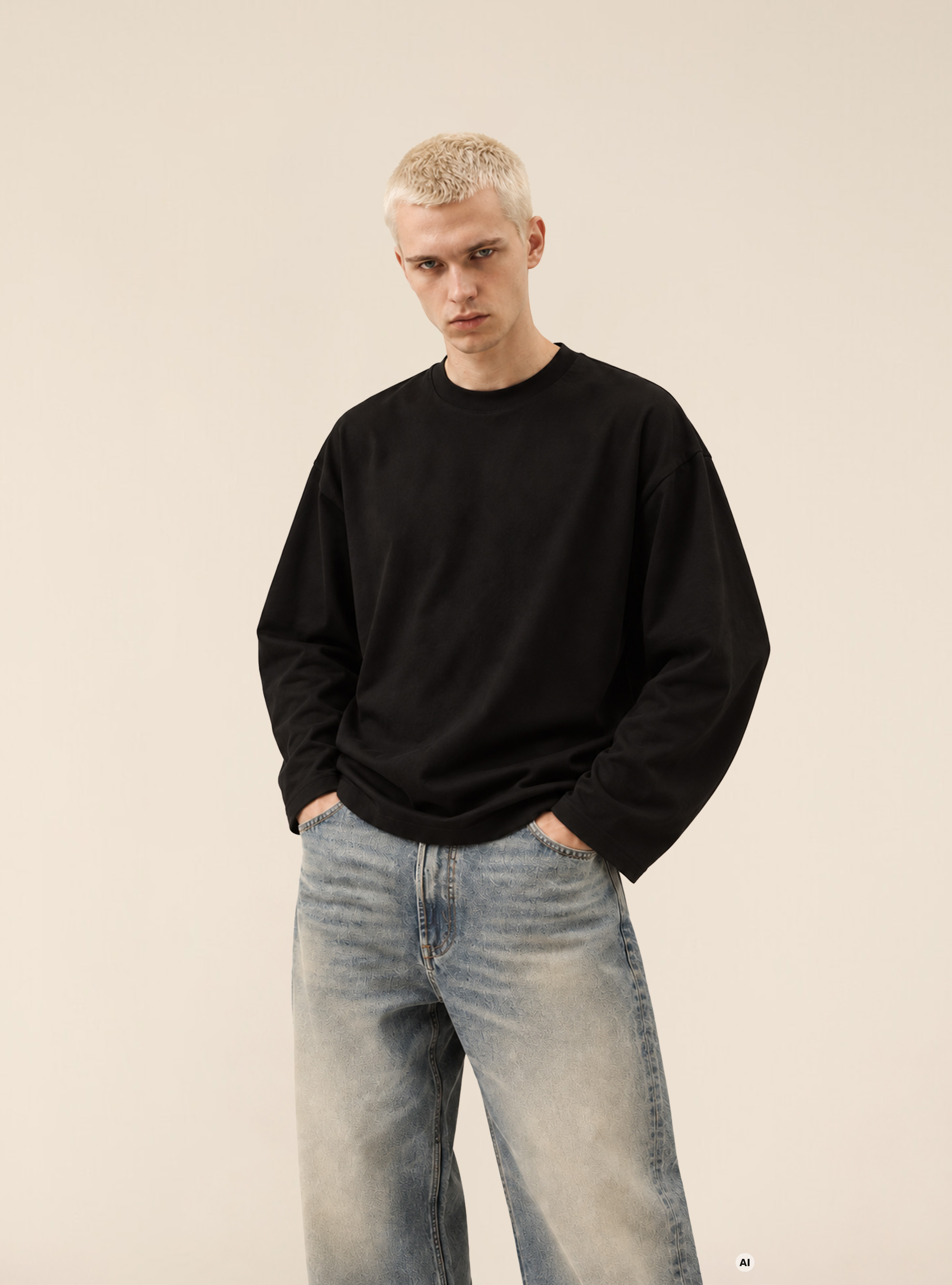 T shirt a manches longues oversize avec epaules tombantes, BK1 BLACK