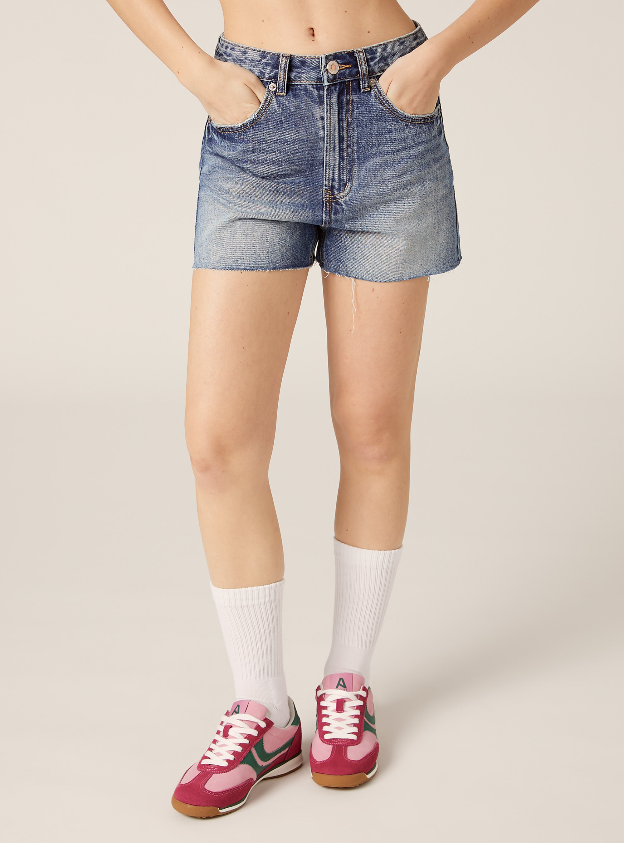 Short en denim &agrave; taille haute, D003 MEDIUM BLUE