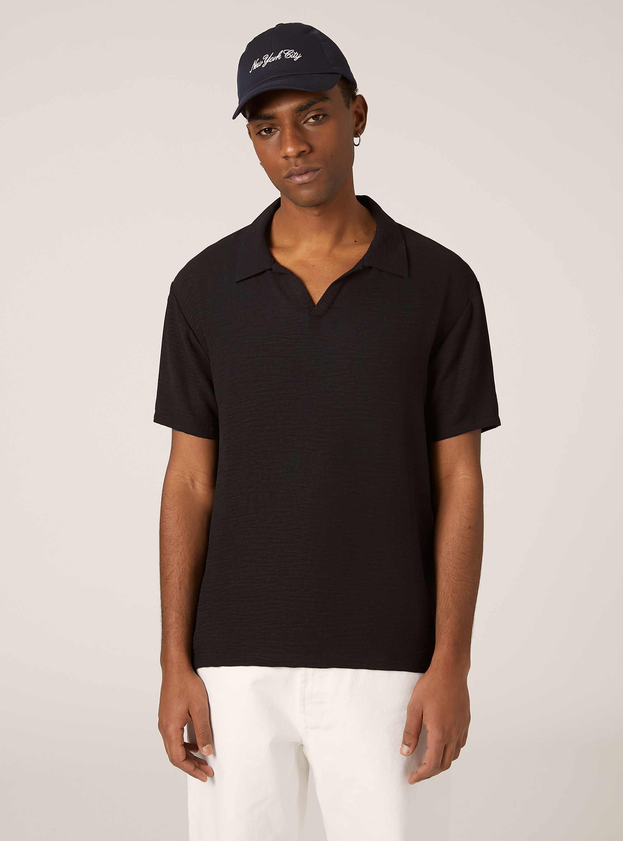 Crepe polo shirt with open collar, BK1 BLACK