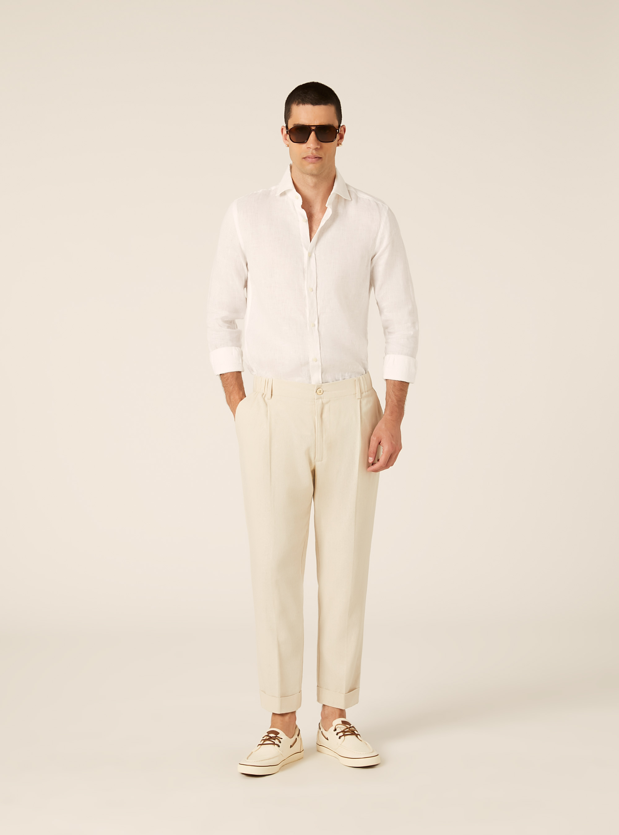 Pantaloni una pince misto lino, BG2 BEIGE MEDIUM