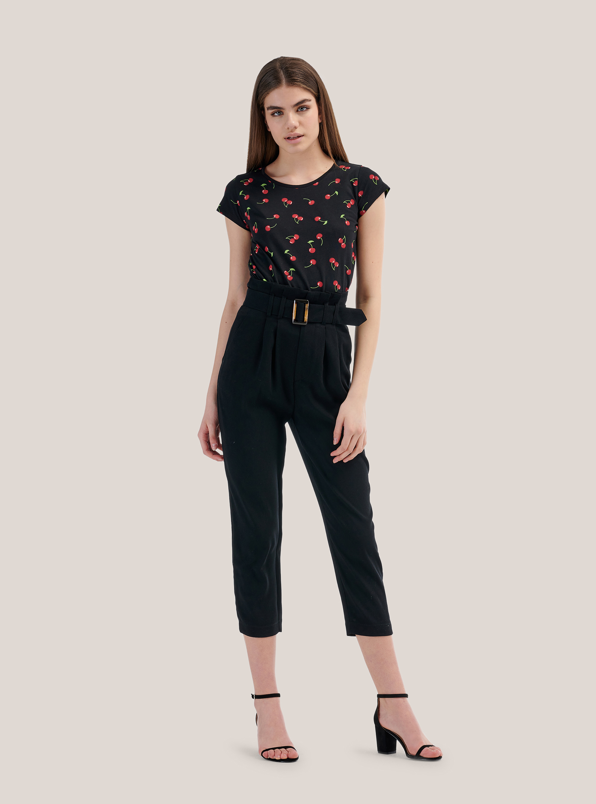 Pantaloni paperbag con cintura comfort fit, NERO