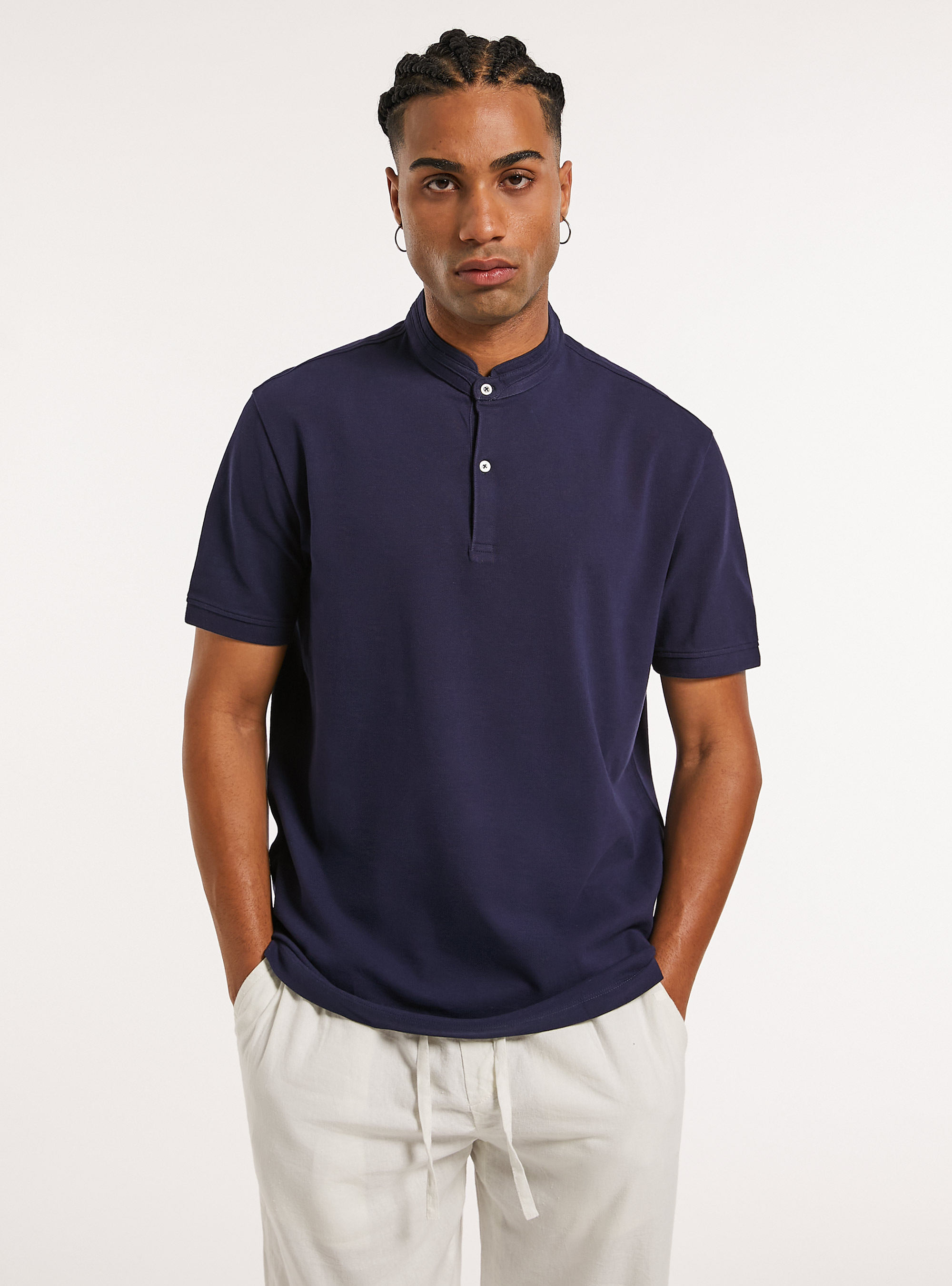Mandarin Collar Cotton Polo Shirt, NA1 NAVY DARK