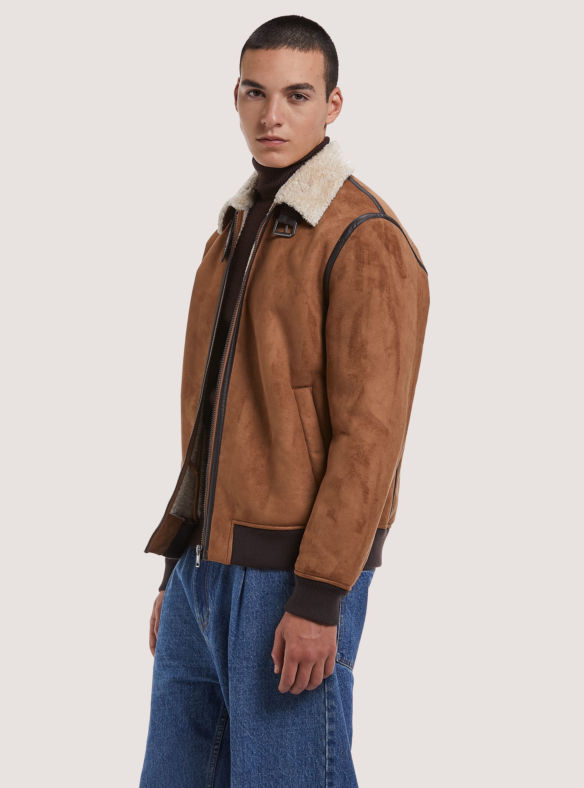 Giubbotto effetto suede con collo agnellato, TB1 TOBACCO DARK